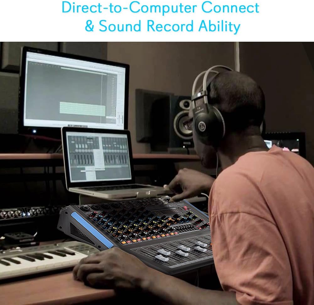 Pyle 8-Channel Console Style Audio Mixer with Bluetooth - DJ Sound Controller, 4 XLR / Combo Inputs, Sub Out, +48V Phantom, USB-A In, 16 DSP Effects, MP3 Player, 7-Band EQ - PMXU88BT