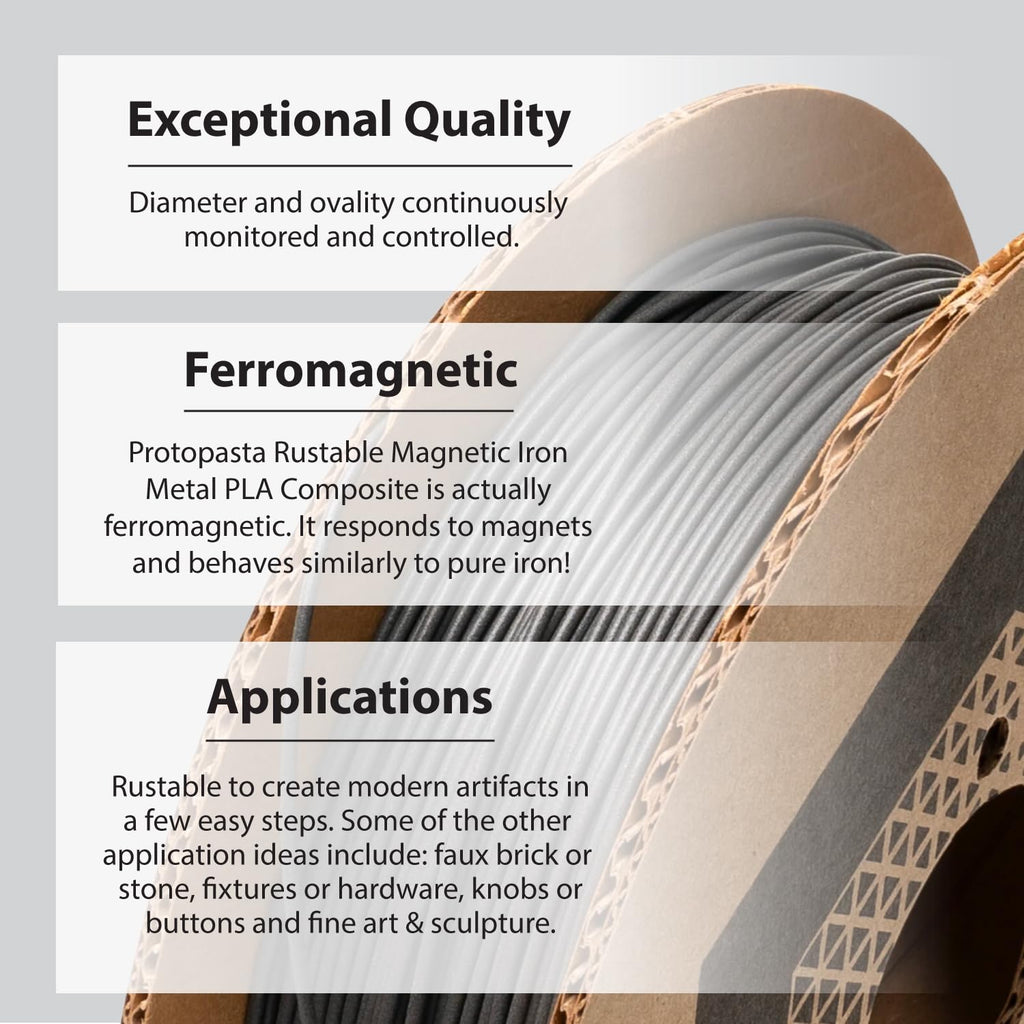 Protopasta Ferromagnetic Iron PLA 3D Printer Filament | ProtoPlant Metal-Filled PLA Plastic Printer Filament with 45% Iron | Patina Friendly Metal Composite Filament | 2kg Metallic Spool