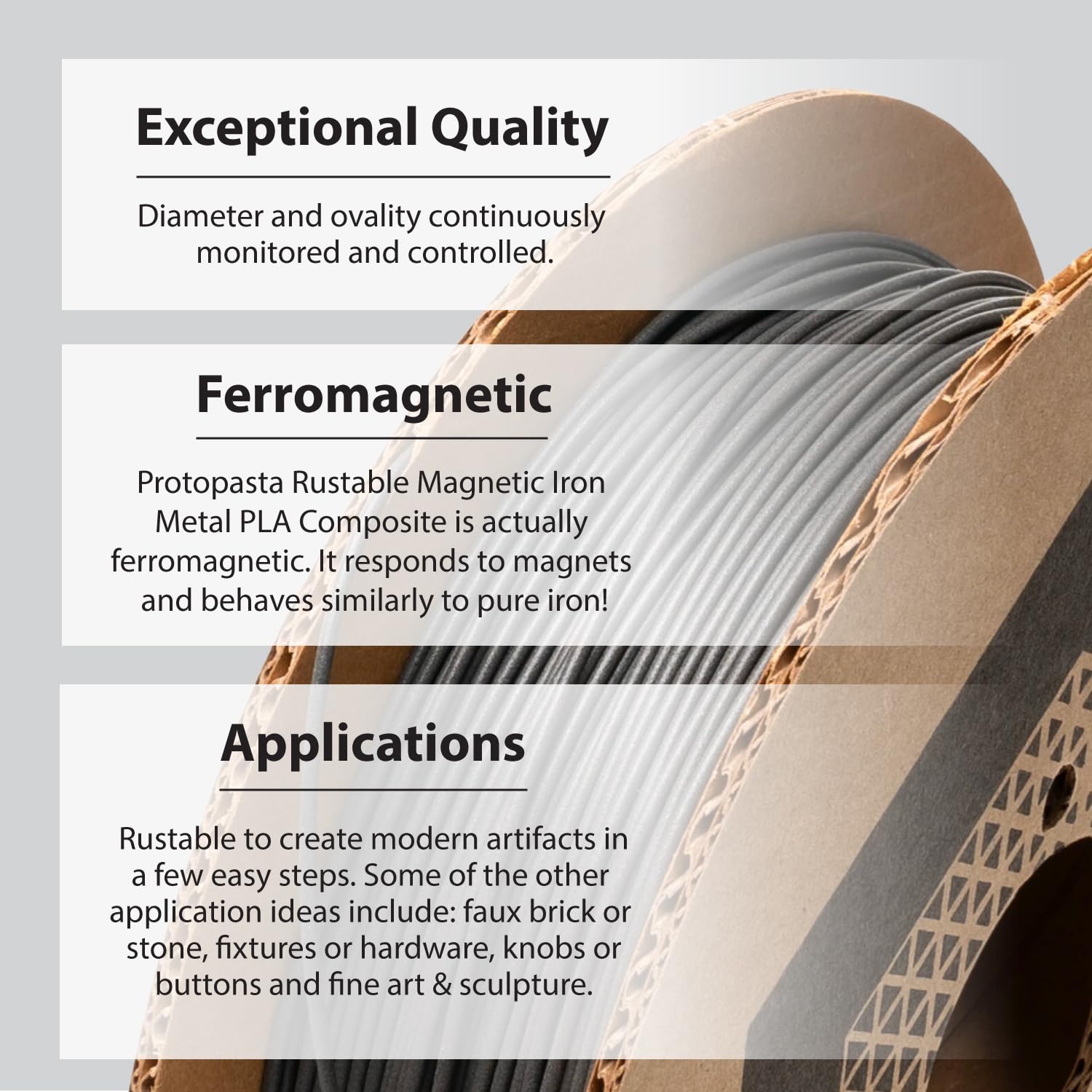 Protopasta Ferromagnetic Iron PLA 3D Printer Filament | ProtoPlant Metal-Filled PLA Plastic Printer Filament with 45% Iron | Patina Friendly Metal Composite Filament | 2kg Metallic Spool