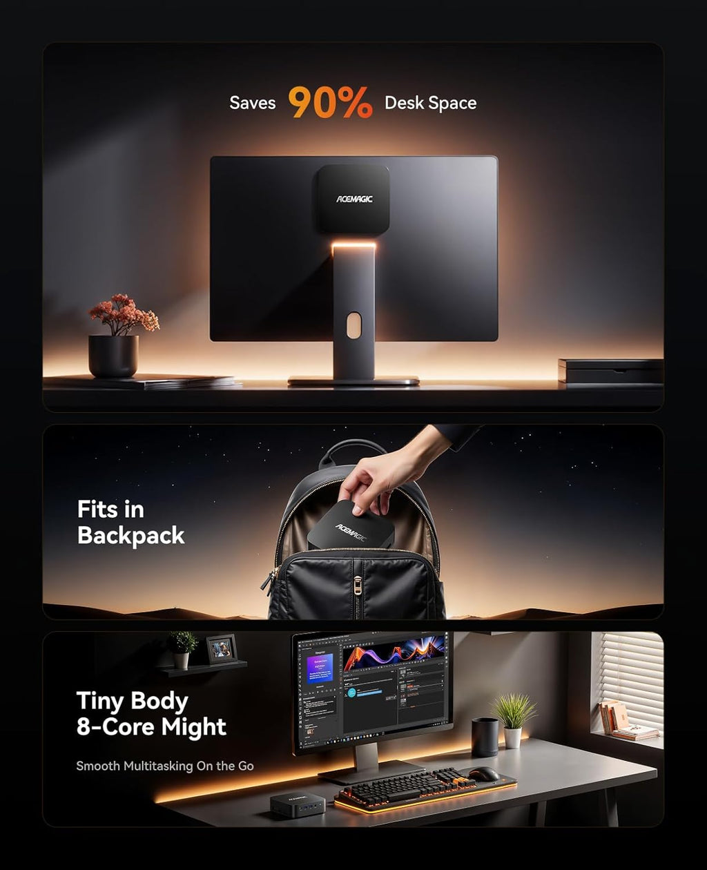 ACEMAGICIAN Kron Mini K1 Mini PC, Ryzen 7 7735HS, 24GB LPDDR5 1TB SSD Mini Computers, Small Light Gaming PC 4K@60Hz Triple Display, Mini Desktop WiFi6 | Bluetooth 5.2 | Dual Channel | Auto Power On