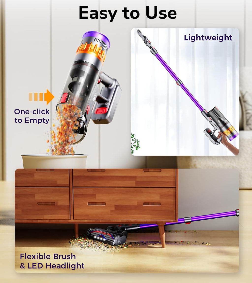 Cordless Vacuum Cleaner, 600W 50Kpa 70 Mins Vacuum Cleaners for Home, Self-Standing Stick Vacuum with LED Display, Wall Dock, Anti-Tangle Wireless Vacuum for Pet Hair Carpet Hardwood Floor