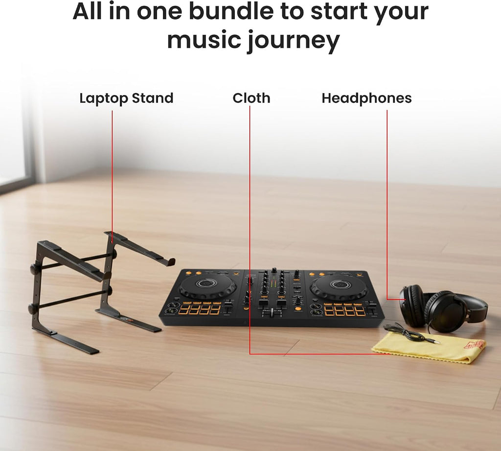 Pioneer DJ DDJ-FLX4 2-Channel DJ Controller - Black Bundle with Laptop Stand, Headphones, and Austin Bazaar Polishing Cloth