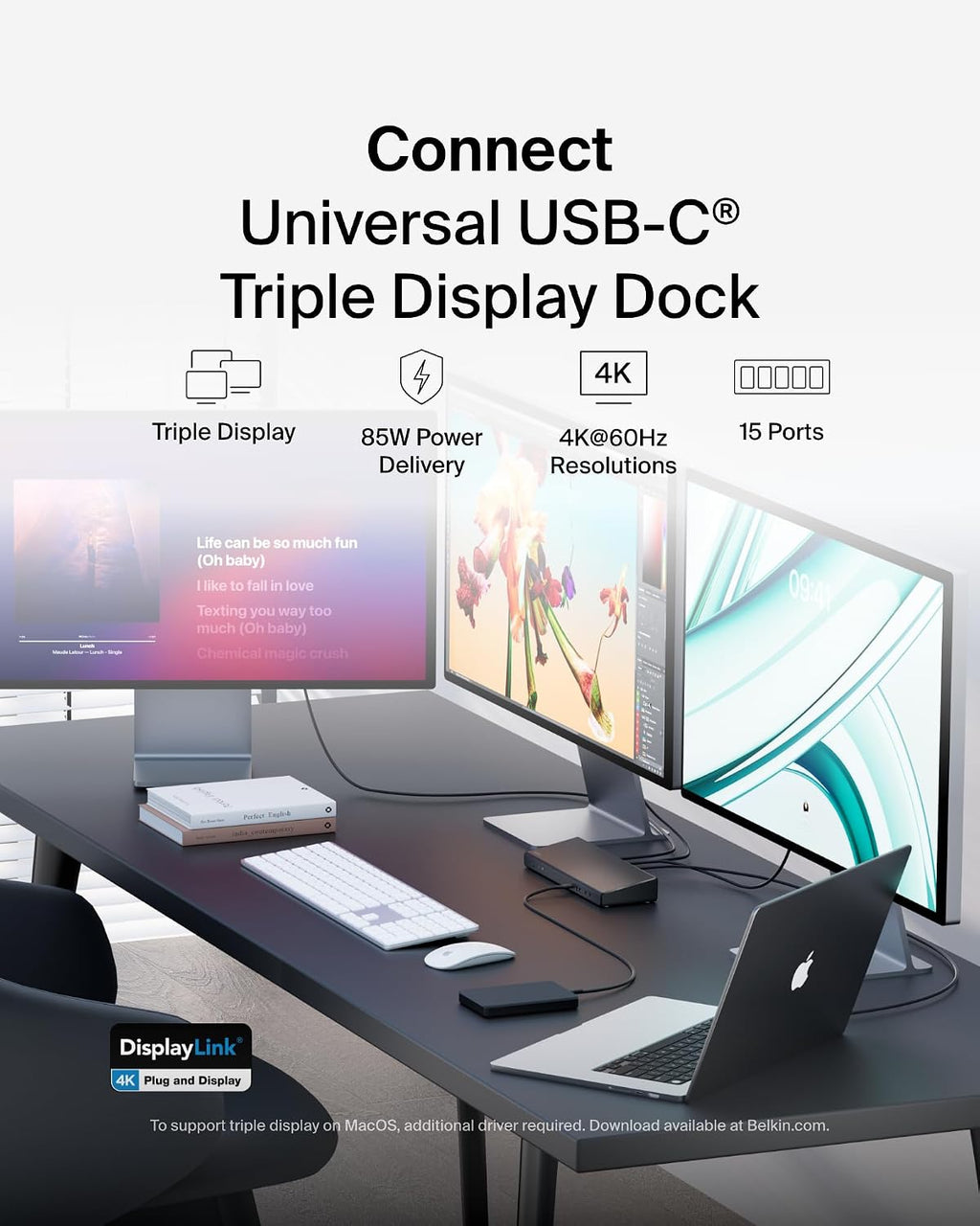 Belkin 15-in-1 Universal Triple Display DisplayLink Docking Station Hub w/ 3 HDMI Ports, 2 DisplayPorts for Triple 4K Display w/ 85W PD, 3.5mm Mic/Speaker, 1 USB-C, & 5 USB-A Ports, Black