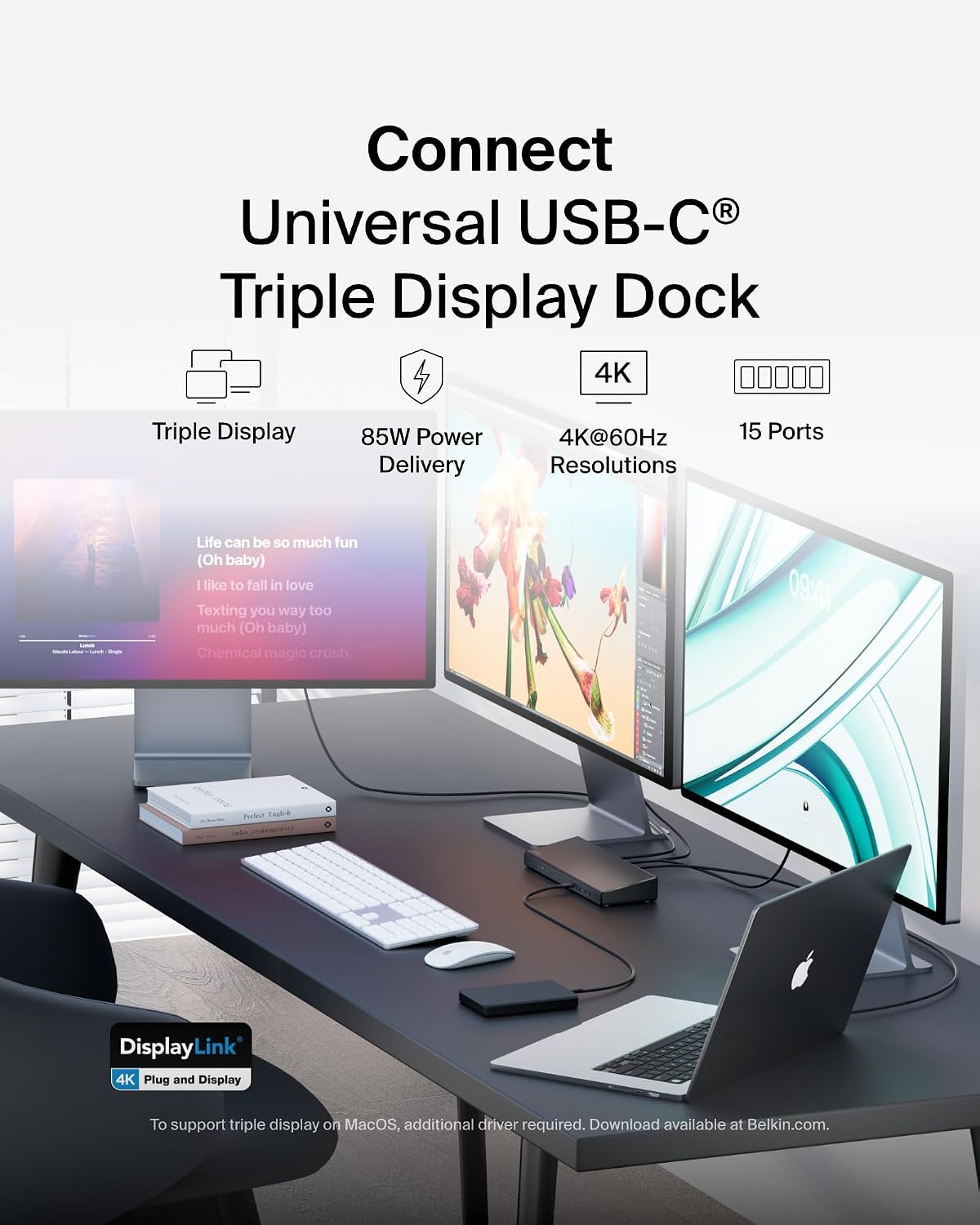 Belkin 15-in-1 Universal Triple Display DisplayLink Docking Station Hub w/ 3 HDMI Ports, 2 DisplayPorts for Triple 4K Display w/ 85W PD, 3.5mm Mic/Speaker, 1 USB-C, & 5 USB-A Ports, Black
