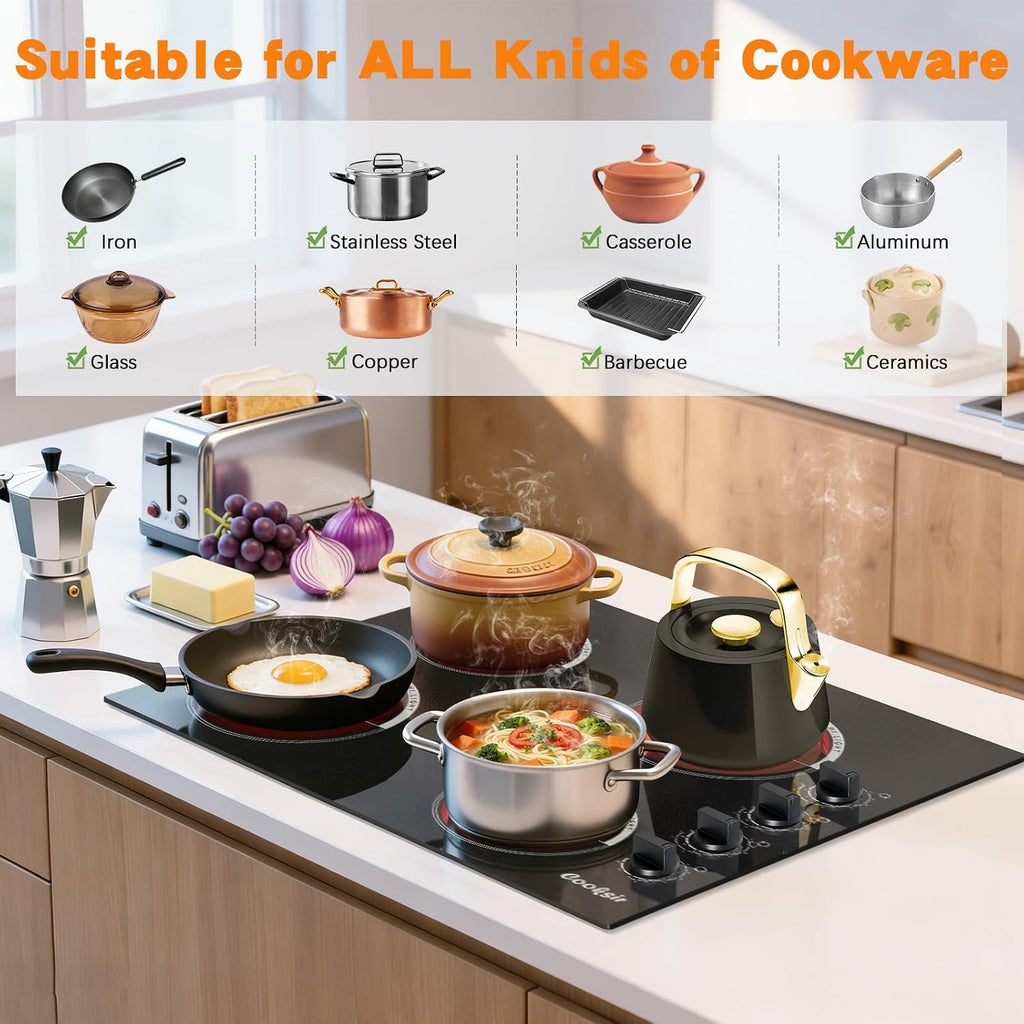 Electric Cooktop 24 Inch - 4 Burner Built-in Electric Stove Top 6000W, Radiant Electrical Stovetop with 9 Heating Level, Knob Control, Auto Shut Off Protection, 220-240V Hard Wired (No Plug)