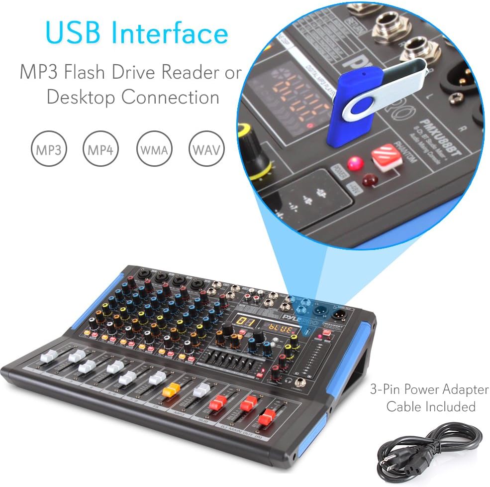 Pyle 8-Channel Console Style Audio Mixer with Bluetooth - DJ Sound Controller, 4 XLR / Combo Inputs, Sub Out, +48V Phantom, USB-A In, 16 DSP Effects, MP3 Player, 7-Band EQ - PMXU88BT
