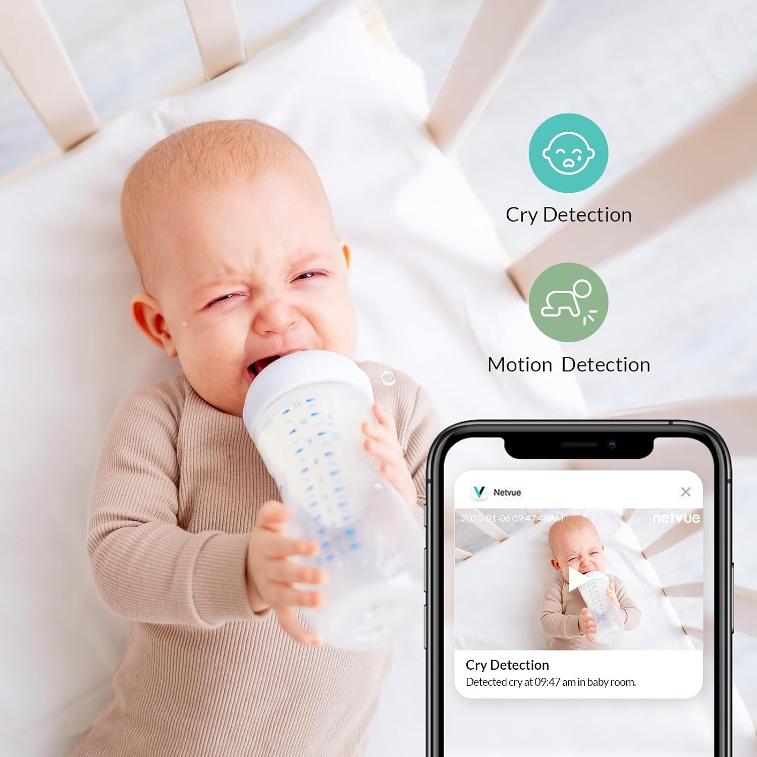 Baby Monitor with Camera and Audio, 5'' Screen & App, 2.4GHz WiFi Secure Link, Sleep Tracking, Cry Detection, Night Vision, Temp & Humidity Monitor, 2-Way Talk, 5GB Cloud Storage, 4-in-1 Mount