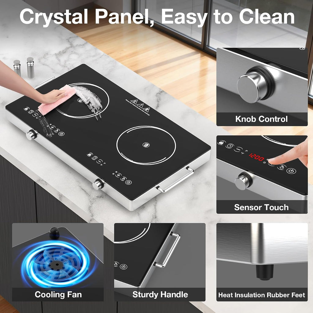 2 Burner Electric Cooktop 110V, 4000W Portable Electric Stove Infrared Hot Plate, 24 inch Countertop Burners with Handle, 3-Hours Timing Setting & Kid Safety Lock, Compatible for All Cookwares