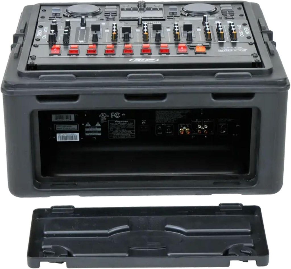 SKB Roto Rack/Mixer Console, 10U Slanted Rackmount on top, 2U Rackmount in Front with Steel Threaded Rails, Hard Lid and Doors and Side Access Ports