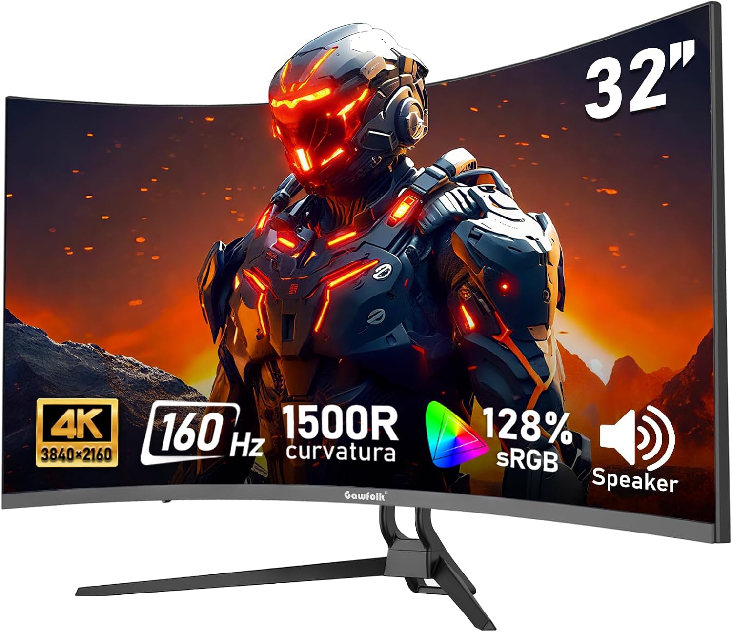 Gawfolk 32-inch 4K Ultra HD Curved 1500R Computer Monitor, 160Hz Gaming Screen, 1ms, Adaptive Sync, 128% sRGB, Built-in Speaker, HDMI 2.1, DisplayPort, Compatible with 75 * 75MM Wall Mount-Black
