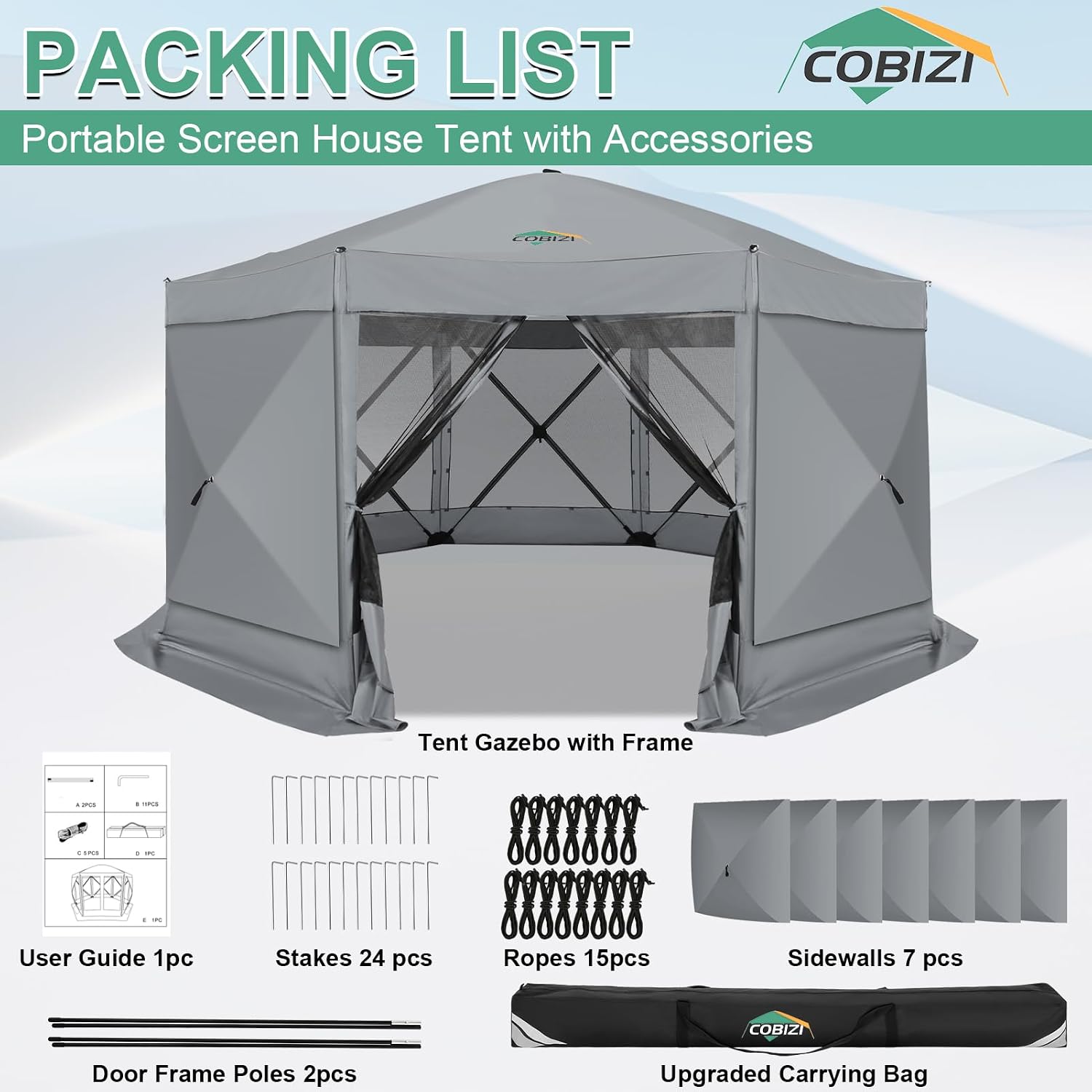 COBIZI 15x15 FT Pop Up Gazebo - Canopy Tent, Large Gazebos On Clearance with Sidewalls, Screened in Gazebo,carpas para Patio,Portable Screen Tents for 12-15 Persons Outdoor Camping, Backyard, Gray