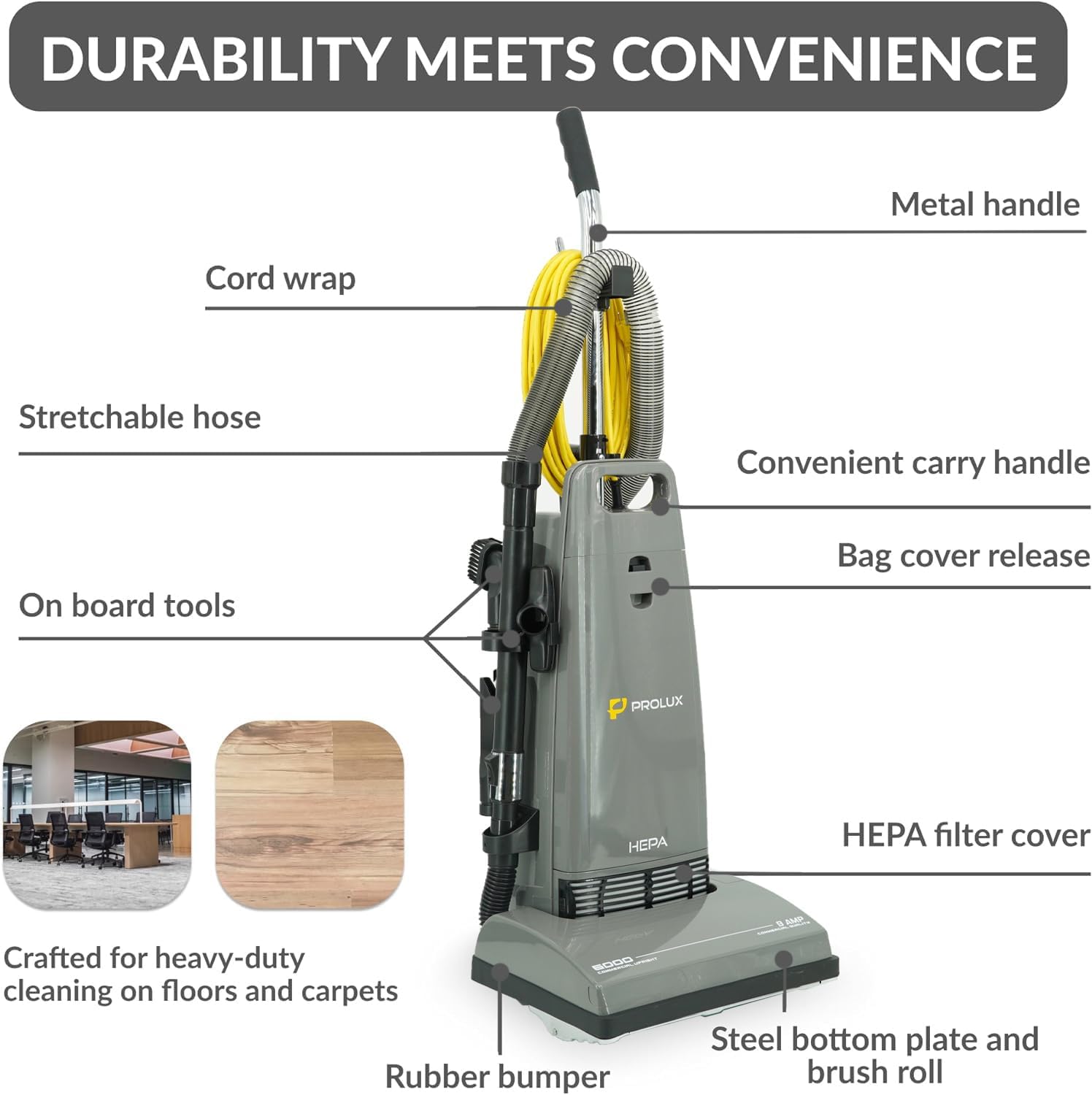 Prolux 6000 Commercial Upright Vacuum with On Board Tools, Bagged Vacuum Cleaner, Commercial Vacuum, Carpet, Floor, HEPA Filter, Steel Brushroll, 107 CFM Suction Power