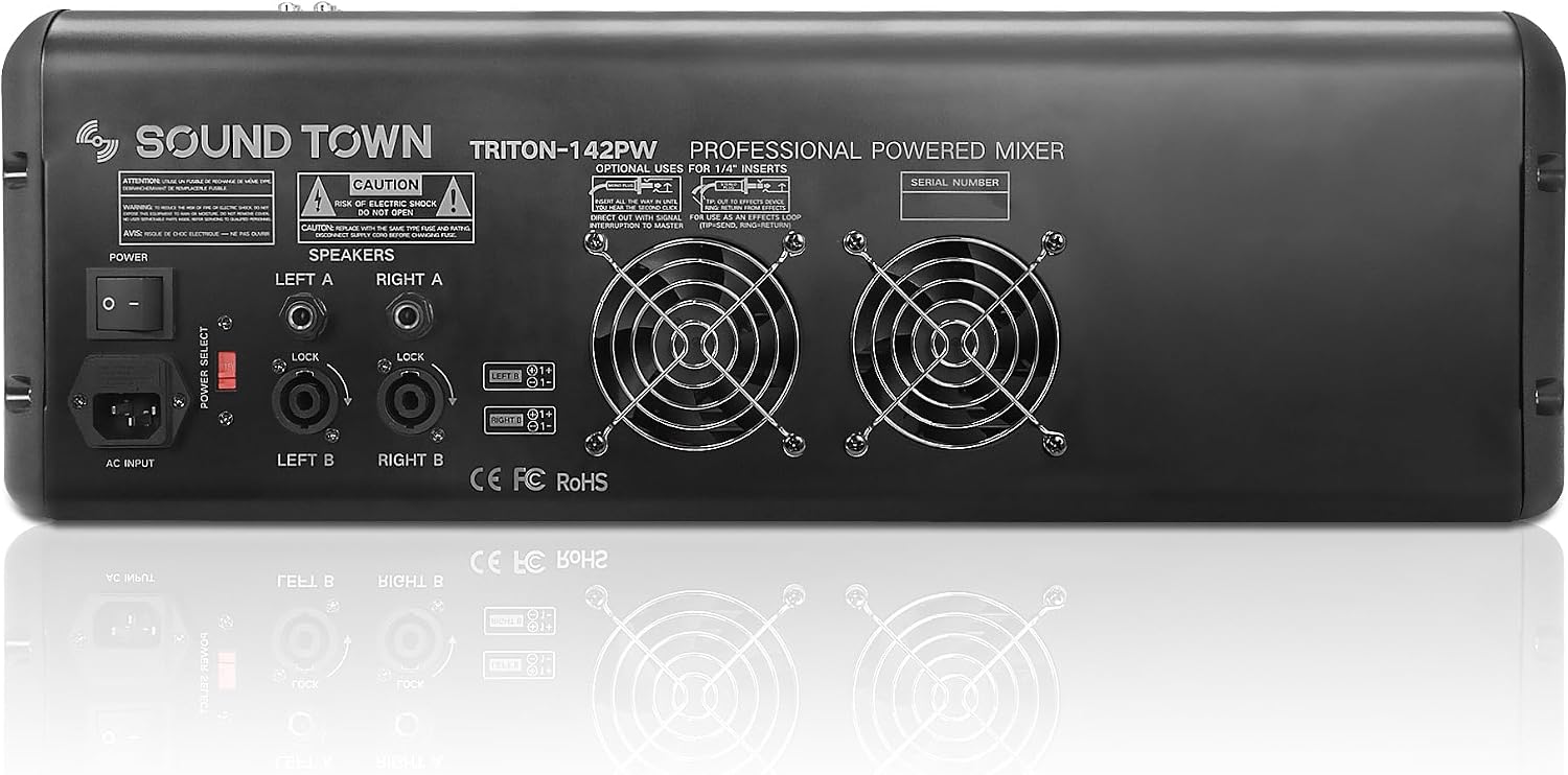 Sound Town 14-Channel 2x800W Powered Mixer w/ 2 Bus, DSP effects, USB, MP3, Dual 7-band EQ, Phantom Power (TRITON-142PW)