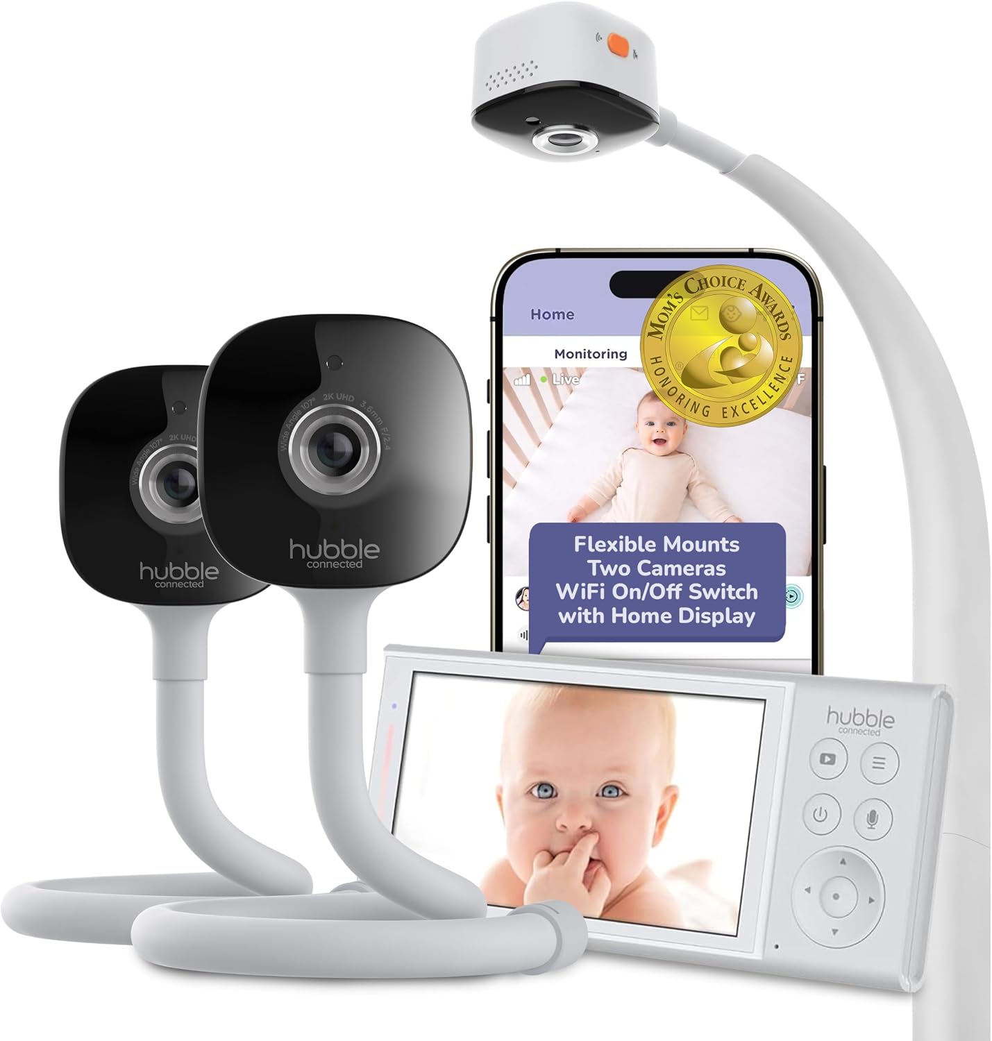 HUBBLE CONNECTED GoBaby AI Pro Twin — Ultra Clear HD Baby Monitor w/ 2 Cameras, 5' HD Home Display — Covered Face, Rollover & True Cry Alerts, Sleep Trainer & Soother — w/Flexible Mount, Power Cables