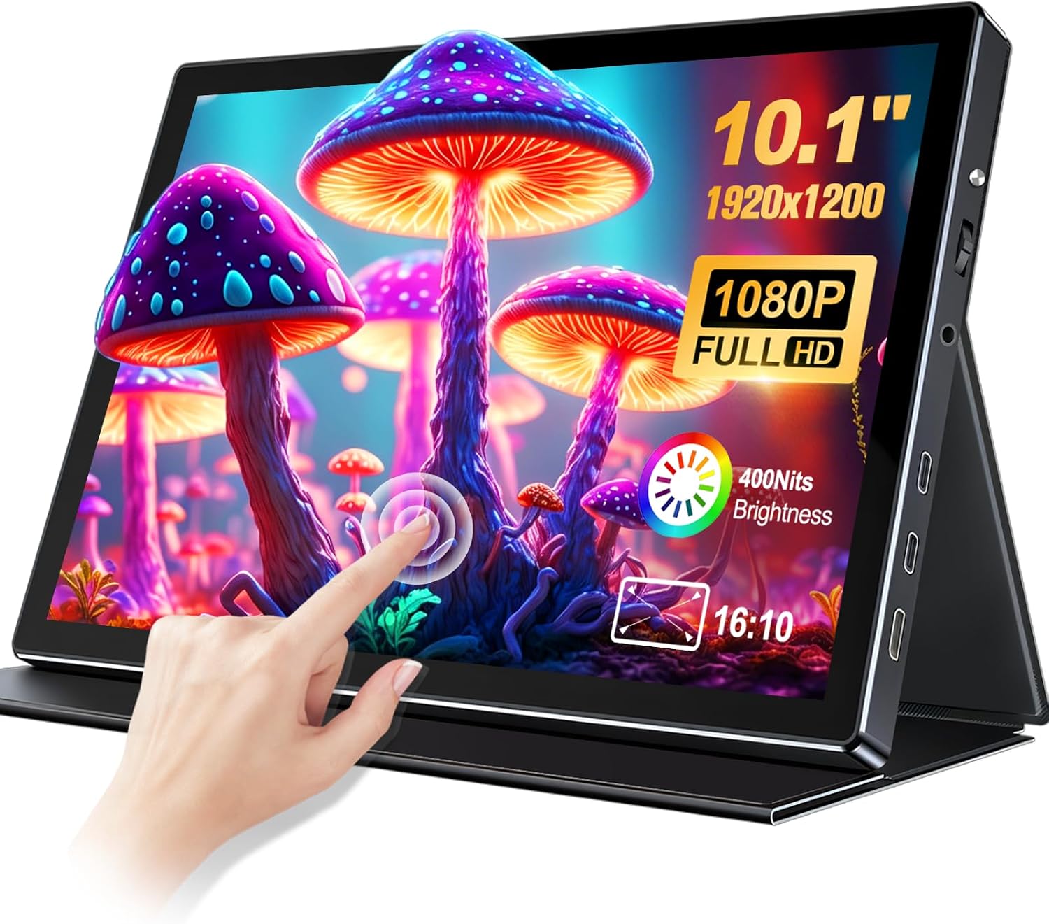 10.1 Portable Touchscreen Monitor - 1920×1200 FHD IPS 16:10,100% sRGB 1500:1,10-Point Touch Diaplay with Speaker HDMI USB-C VESA Magnetic Case for Travel Mac PC Xbox PS4/5 Loptop Phone(dark black)