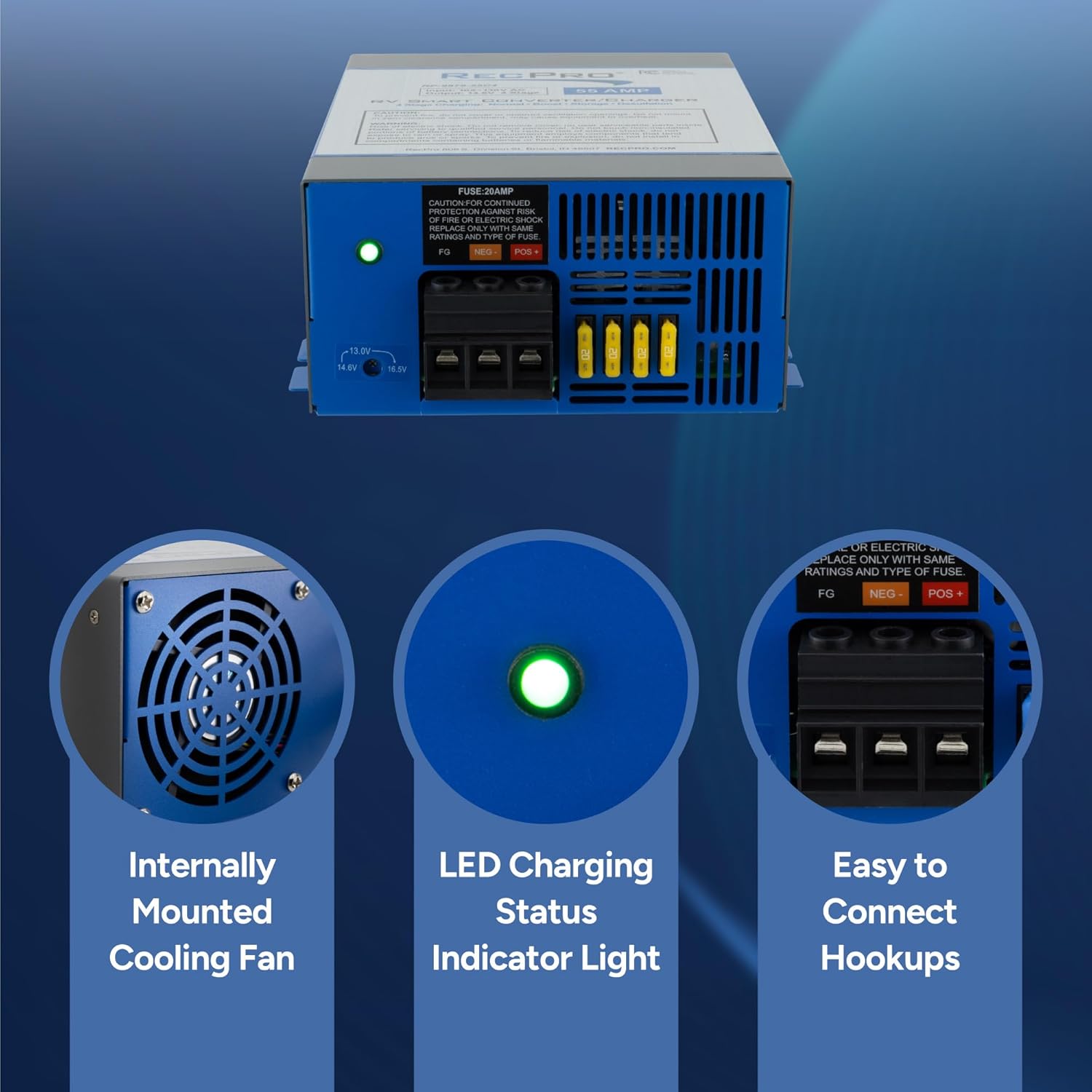 RecPro RV Converter 55 Amp | RV Power Converter & Battery Charger | 4 Stage Smart Charging | 120VAC to 12VDC | 13V to 16.5V Operating Range