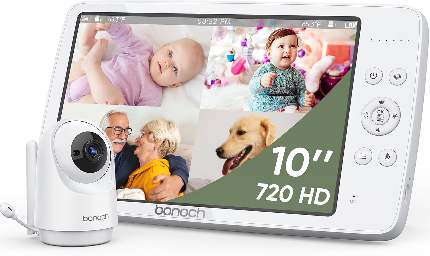 bonoch MegaView Baby Monitor No WiFi, 10' 720p Video Baby Montior with Camera and Audio, Up to Quad Split Screen, 10000mAh Battery, VOX Mode, Remote PTZ, Night Vision, for Multi-Child, Pets, Elderly