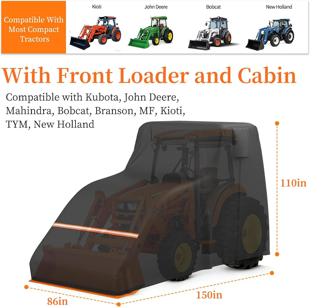 STARTWO Full Tractor Cover Waterproof Heavy Duty, Universal Fits Most Compact Utility Tractors with Cabin, UV Protection, Dustproof, with Air Vents & Reflective Strips,150 L x 75 W x 110 H in