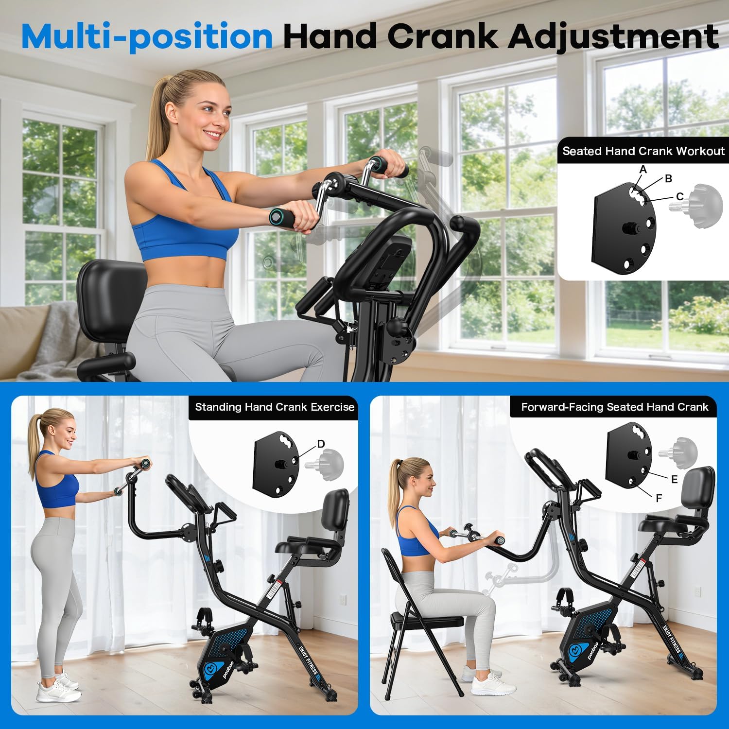 pooboo Folding Exercise Bike, Foldable Upright Stationary Bike, Indoor Cycling Magnetic X-Bike with 8-Level Adjustable Resistance, 6.6 LBS Flywheel, 300LB Capacity, Back Support Cushion for Home Gym