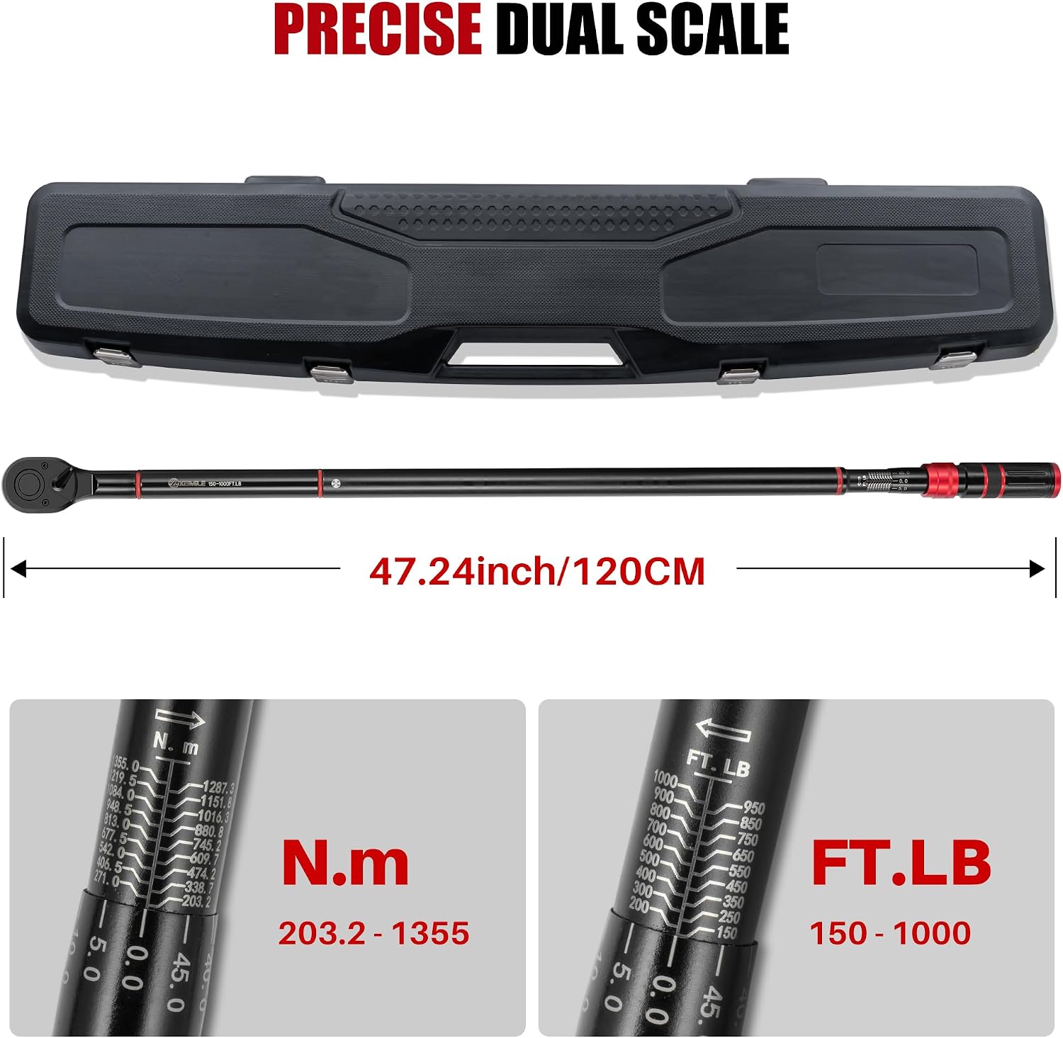 3/4-Inch Drive Click Torque Wrench - 150-1000 Ft-Lb/203.3-1355Nm, Dual-Direction Adjustable 48 ToothTorque Wrench, Accuracy 3% for Car, Truck, Tractor, Maintenance and Product Assembly