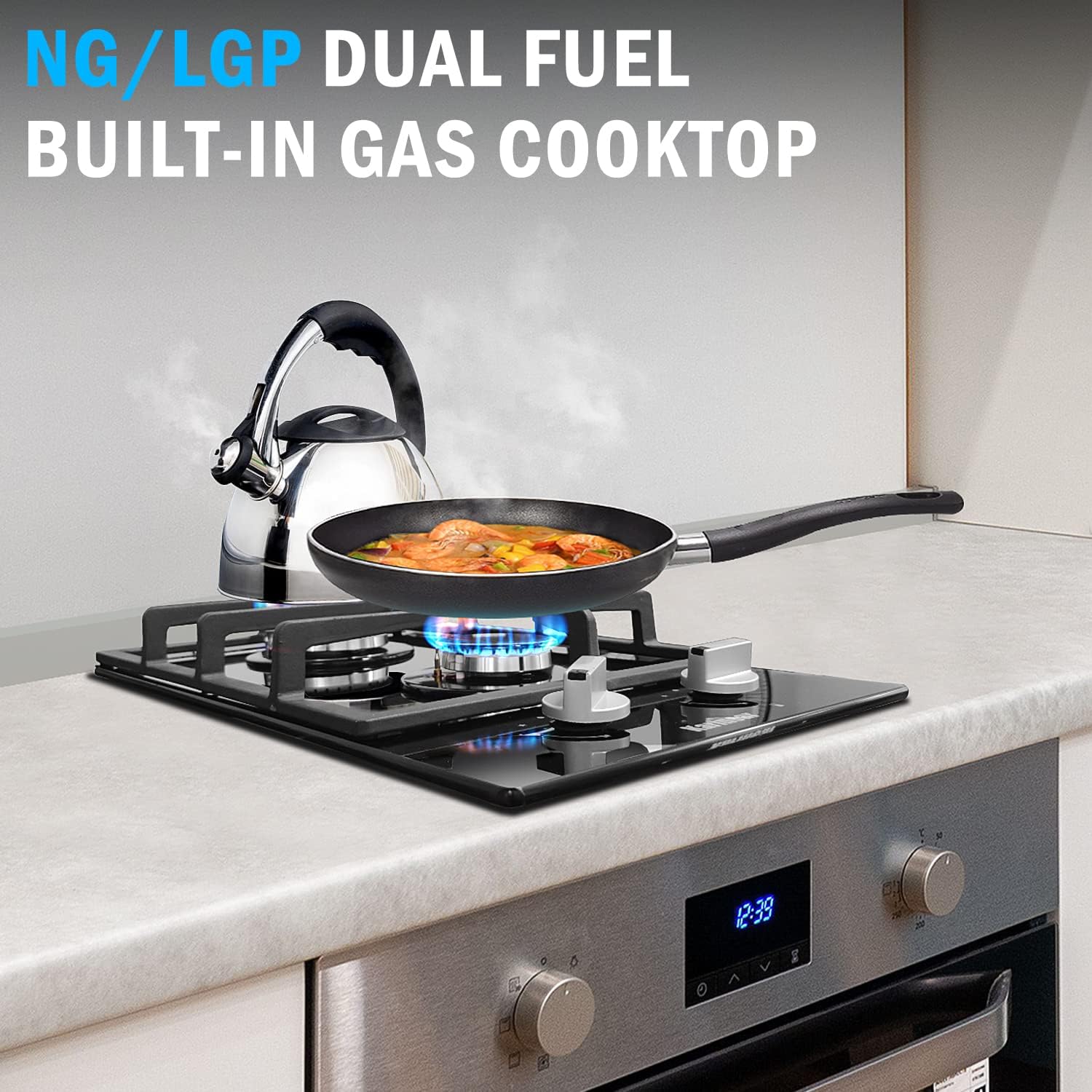 Karinear Gas Cooktop 2 Burner Propane Cooktop, 12 Inch LPG/NG Dual Fuel Gas Stove Top, Built-in Tempered Glass Gas Cooktop for Apartment, Indoor, RV