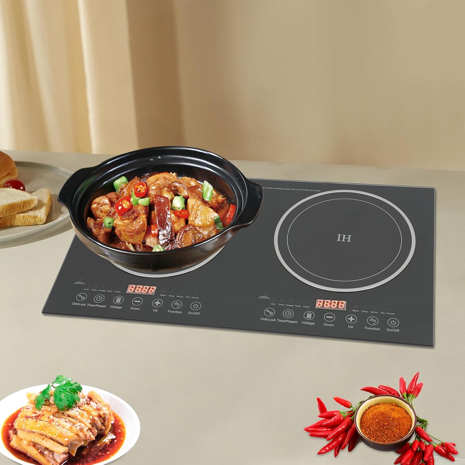 26 Inch Electric Cooktop 3 Burner 3000W, Built In Electric Stove 110V Electric Cooktop with Glass Metal Frame, Timer & Kid Safety Lock, Touch Control (2 burners)