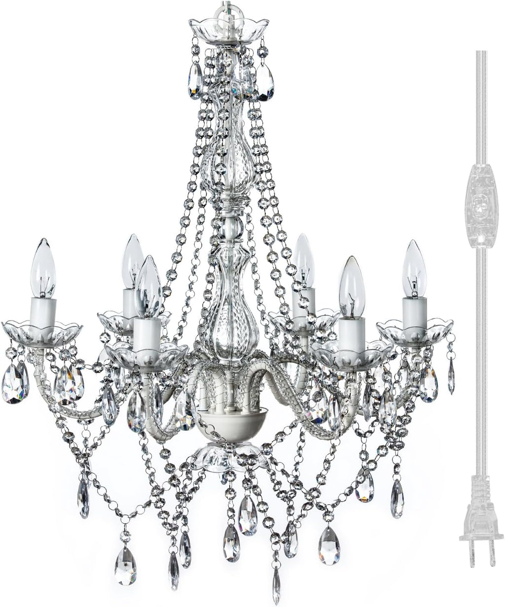 Outdoor 6 Light Plug-in Crystal White Chandelier H26'xW22', White Metal Frame, Clear Acrylic Crystals, and Low Voltage (12 Volts) IP65 Water Resistant Electrical Components