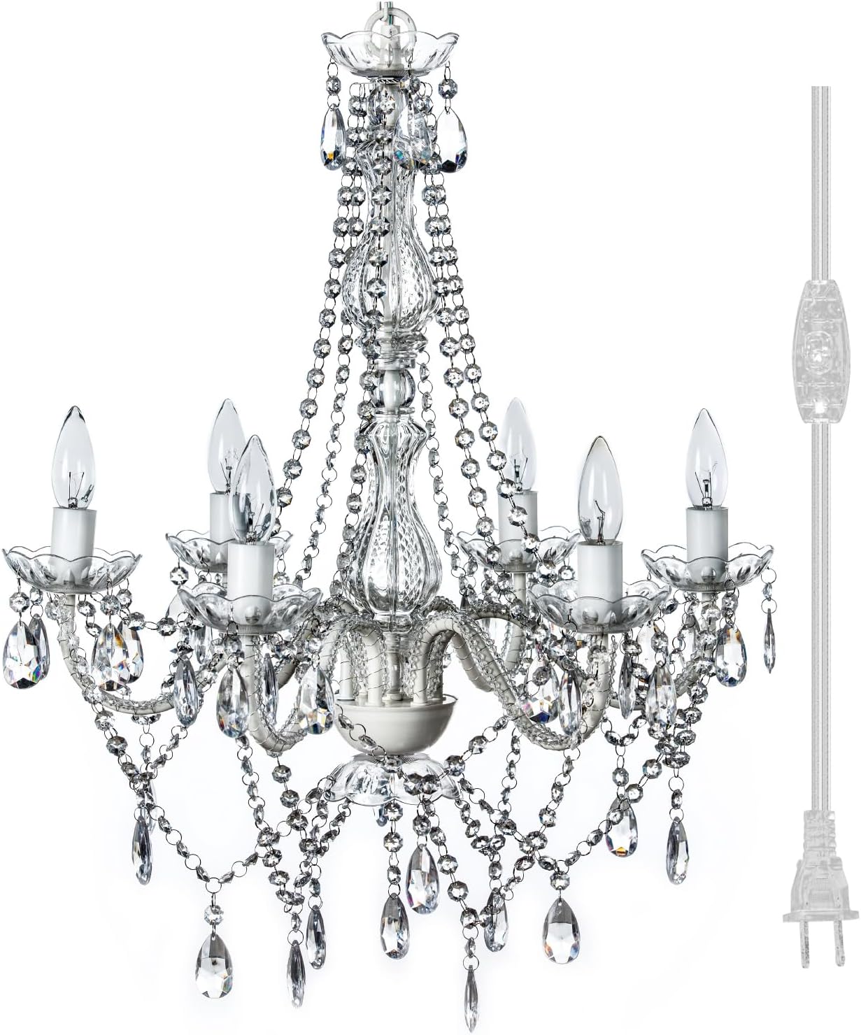 Outdoor 6 Light Plug-in Crystal White Chandelier H26'xW22', White Metal Frame, Clear Acrylic Crystals, and Low Voltage (12 Volts) IP65 Water Resistant Electrical Components