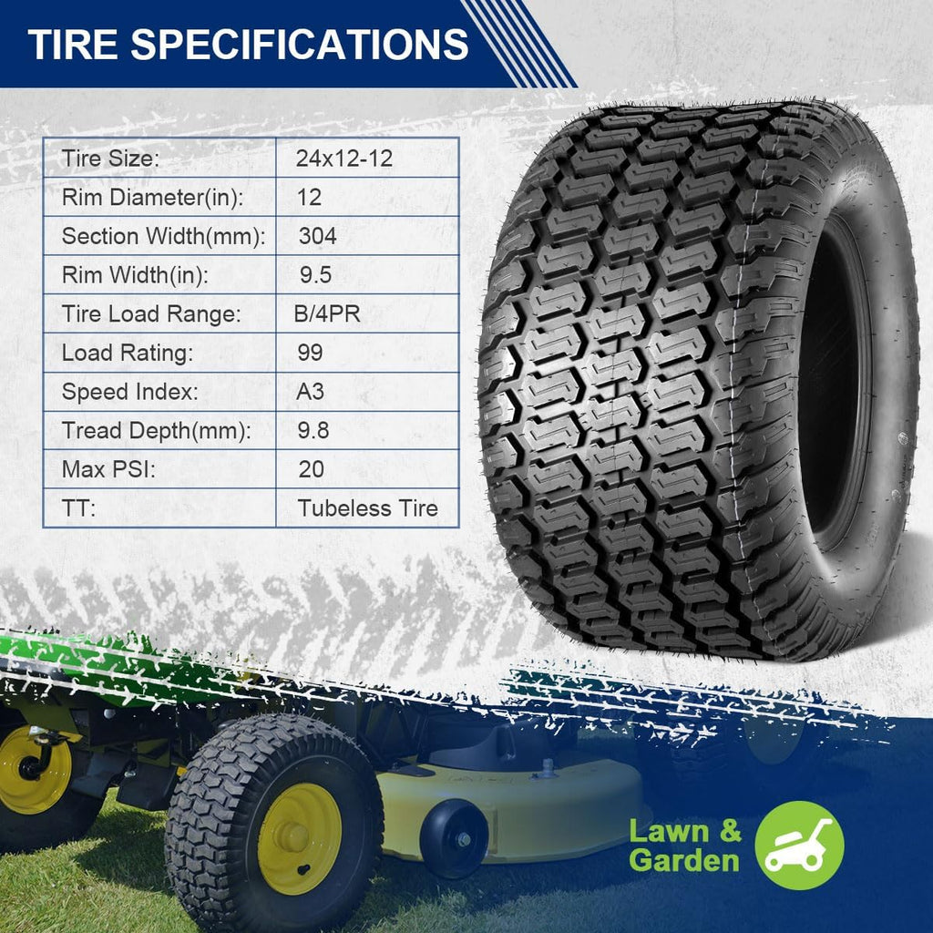 MaxAuto 24x12.00-12 Turf Lawn Mower Golf Cart Tractor Tires 4Ply P332 Tubeless, Set of 2