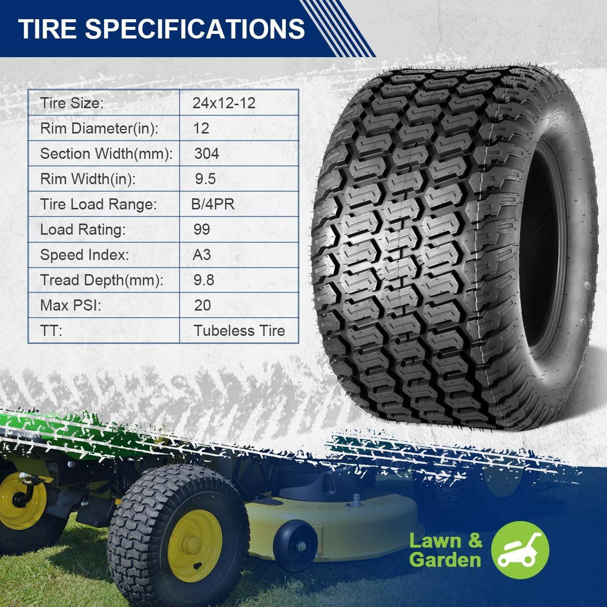MaxAuto 24x12.00-12 Turf Lawn Mower Golf Cart Tractor Tires 4Ply P332 Tubeless, Set of 2
