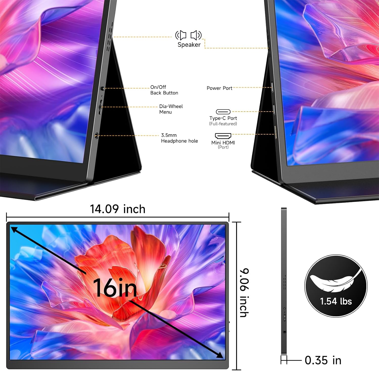 AYY 16' 2.5K 120Hz Portable Monitor, 2560x1600 HDR IPS Display, QHD 100% sRGB, USB-C & HDMI, Eye Care External Second Screen, for Laptop/PC/Phone/PS4/5/Xbox/Switch