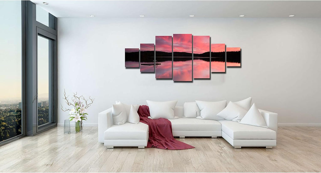 Startonight Huge Canvas Wall Art - Pink Sunset On The Lake Large Framed Set of 7 40' x 95'