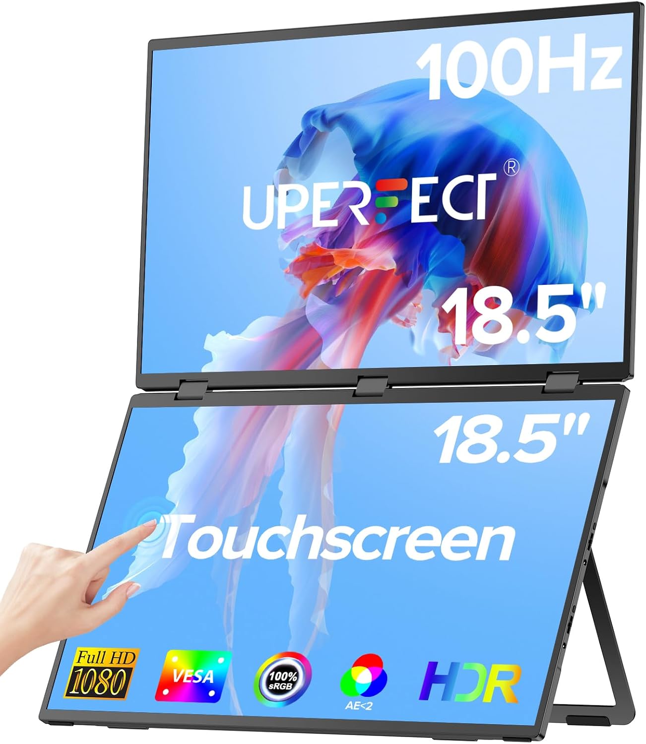 UPERFECT Delta 18.5' 100Hz Touchscreen Dual Portable Monitor, Laptop Screen Extender Stacked Triple Folding Monitor with Stand & VESA for Laptop PC Phone Game Console (No Driver Needed)