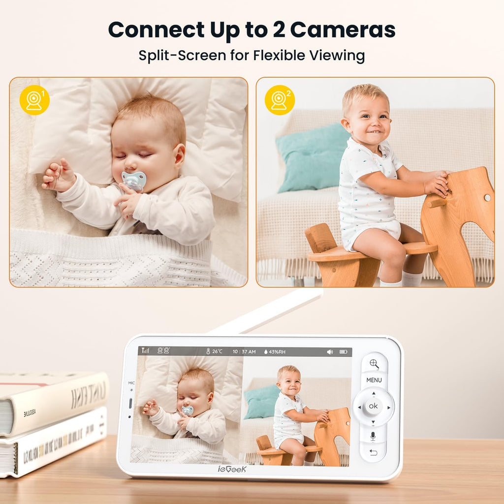 ieGeek Baby Monitor with 2 Cameras, 5' Large Screen Split-Screen Video Baby Monitor | 2K HD Non-WiFi Monitor with App & Parent Unit | Night Vision, 2-Way Audio, Cry Detection, Temperature Sensor