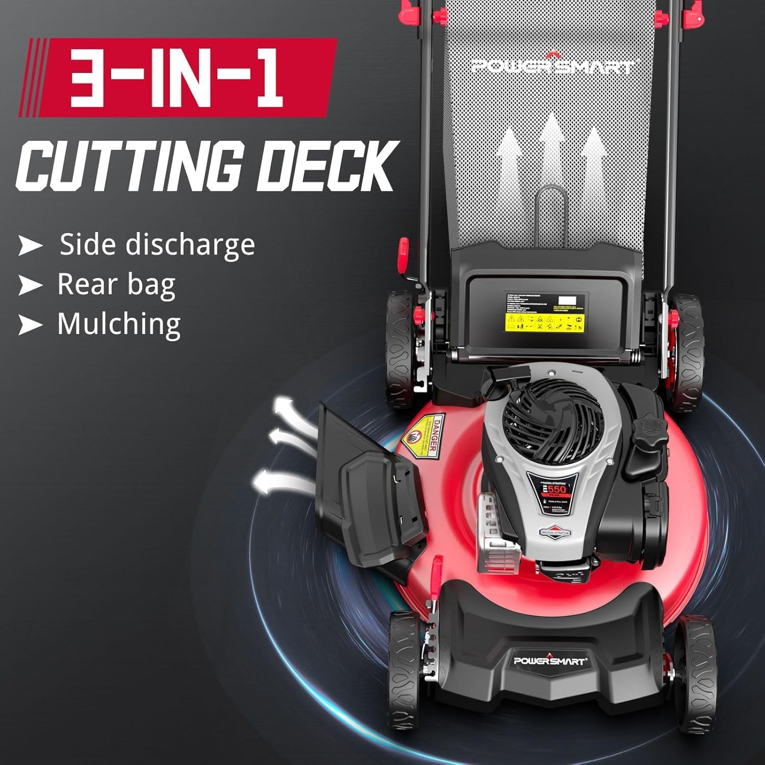 PowerSmart 21' 3-in-1 Gas Push Lawn Mower with 140cc 4-Stroke Engine - Wide Cutting Deck, 6 Height Adjustments, Mulching Capability