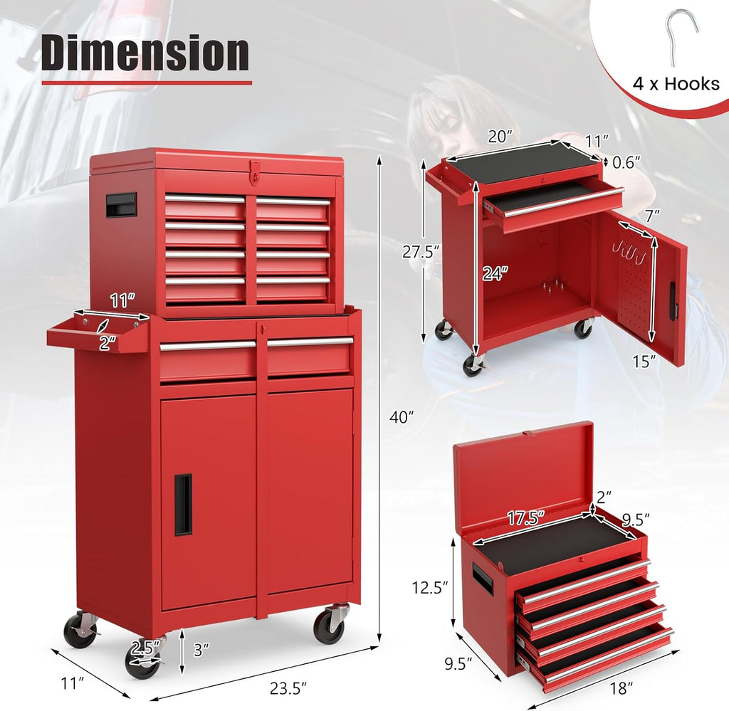 IRONMAX Rolling Tool Chest, 5-Drawer Lockable Tool Cabinet w/Adjustable Shelf & 4 Universal Wheels, 2 in 1 Detachable Tool Box Storage Organizer for Garage Workshop Repair Shop, Red