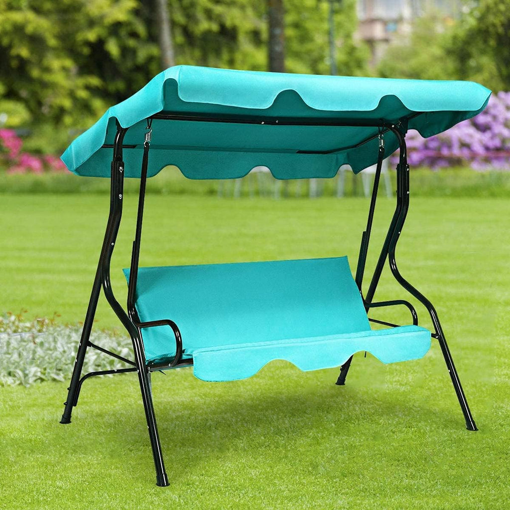 3-Seater Canopy Swing Chair, Waterproof Outdoor Swing Cushioned Seat with Adjustable & Removable Canopy, Steel Frame Polyester Fabric Oxford Cloth Patio Hammock Cover Top (Turquoise)
