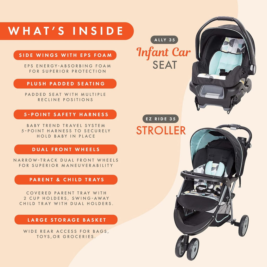 Baby Trend EZ Ride 35 Travel System, Stroller and Infant Car Seat Combo, Doodle Dots - Lightweight and Foldable Compact Design with One Hand Fold and Adjustable Handle