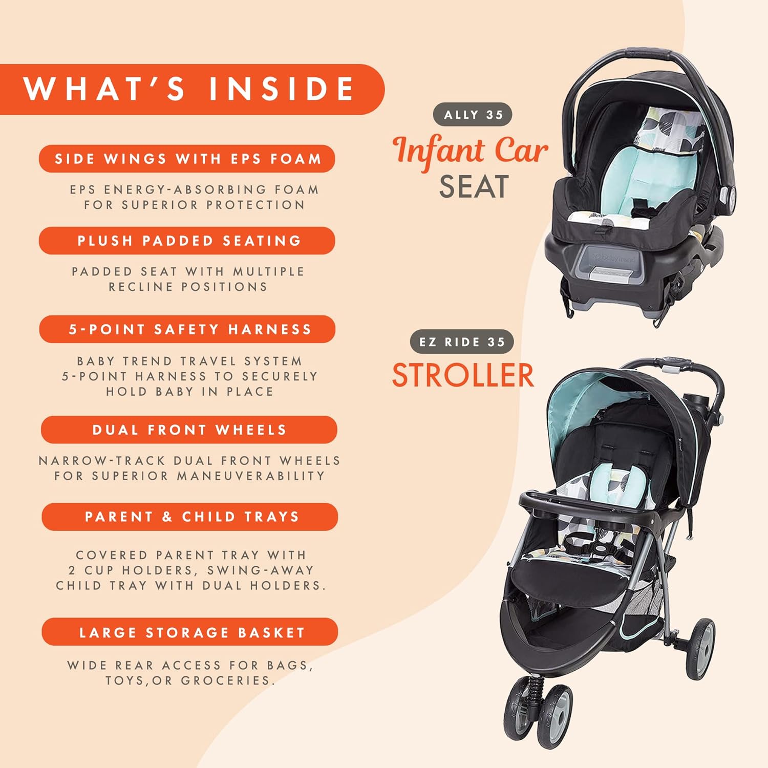 Baby Trend EZ Ride 35 Travel System, Stroller and Infant Car Seat Combo, Doodle Dots - Lightweight and Foldable Compact Design with One Hand Fold and Adjustable Handle