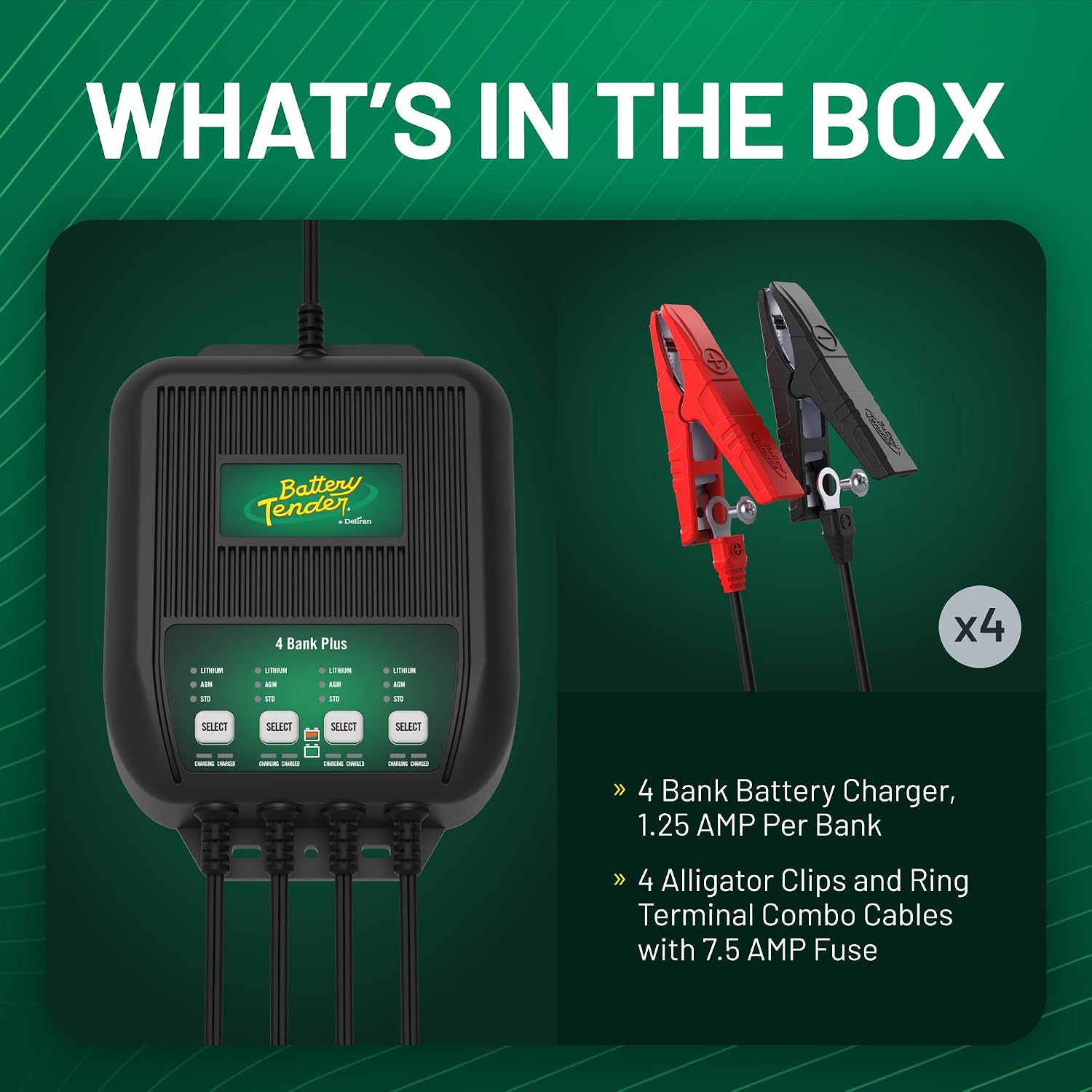Battery Tender Plus 4 Bank Multibank Charger - 5 AMP (1.25 AMPs Per Bank) - Smart 12V Multi Battery Charger and Maintainer for Standard, AGM, and Lithium LiFePO4-022-0148-DL-WH