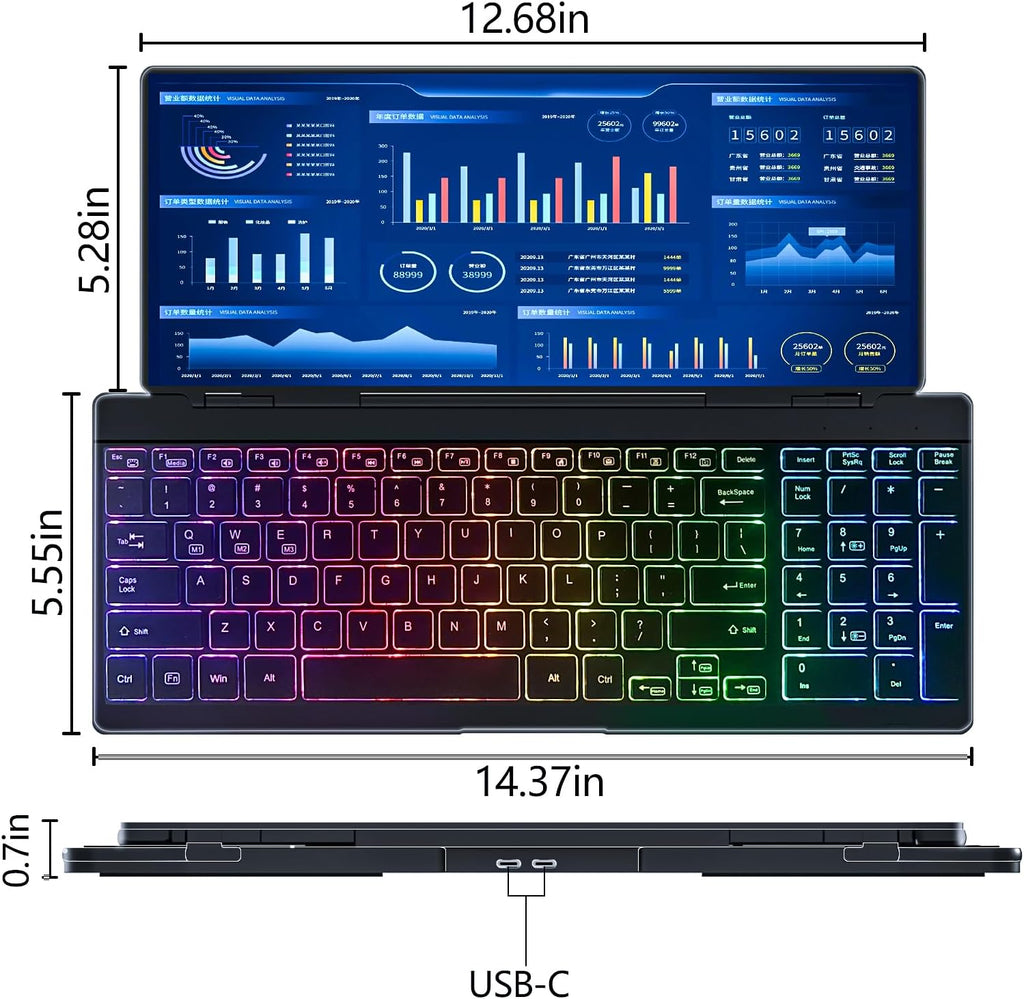12.8' Portable Touchscreen Keyboard Monitor Stretched Bar Screen Extender with Silent Keyboard Foldable Mini RPi Display Type-C USB-A Monitor for Macbook Laptop Windows Desktop Mini PC (12.8 inch)