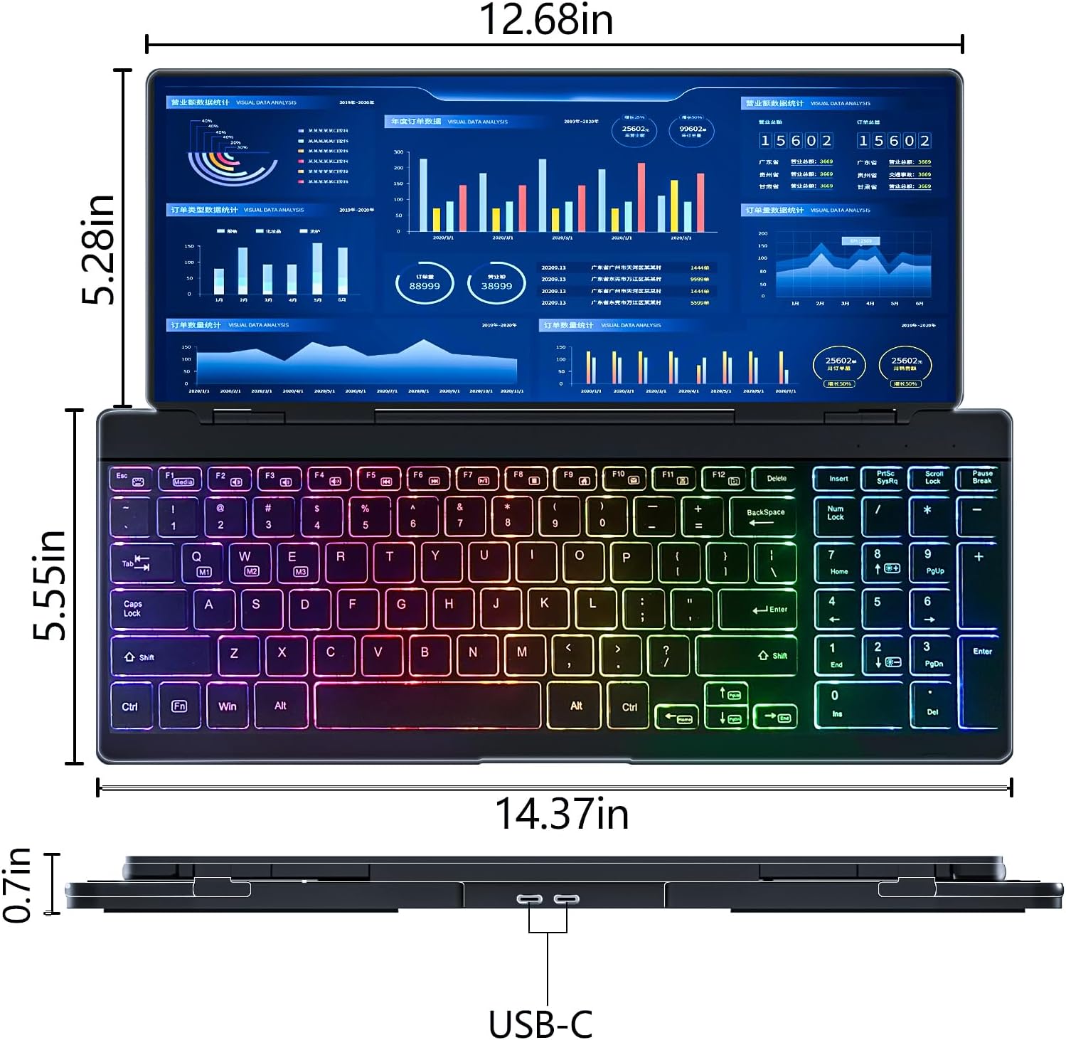12.8' Portable Touchscreen Keyboard Monitor Stretched Bar Screen Extender with Silent Keyboard Foldable Mini RPi Display Type-C USB-A Monitor for Macbook Laptop Windows Desktop Mini PC (12.8 inch)