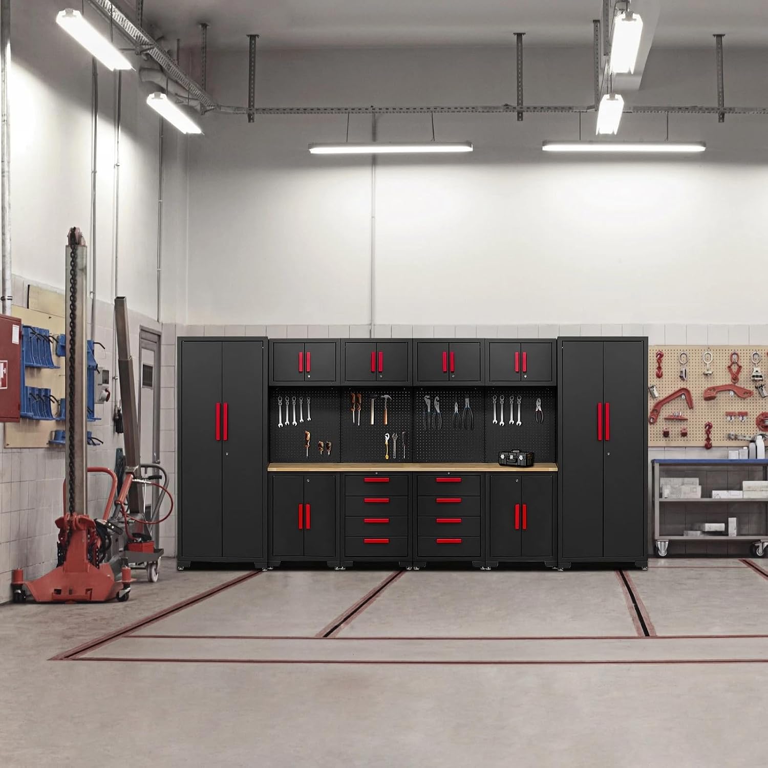 Garage Storage Cabinet System - 2 * 6-Pcs Workshop Set with Steel Cabinet Drawers, Tool Chest, Workbench, Pegboard for Tool Organization