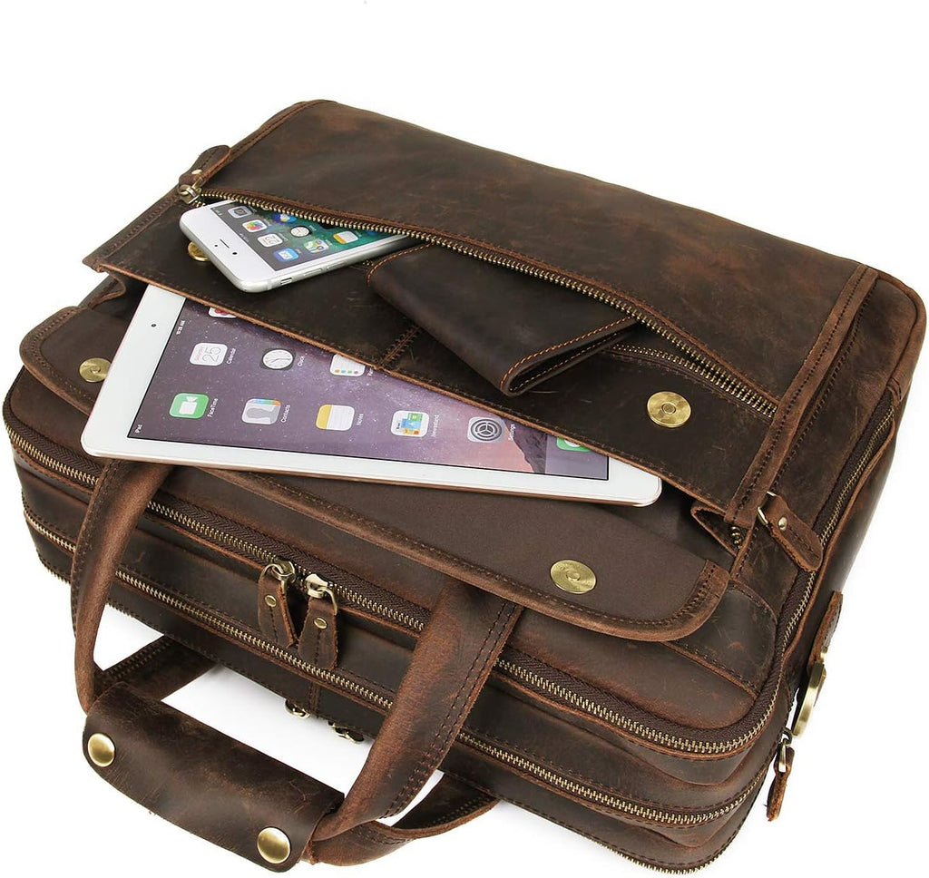 Augus Leather Briefcase for Men 15.6 Inch Laptop Bag Business Travel Large Capacity With Trolley Sleeve YKK Metal Zipper, Brown