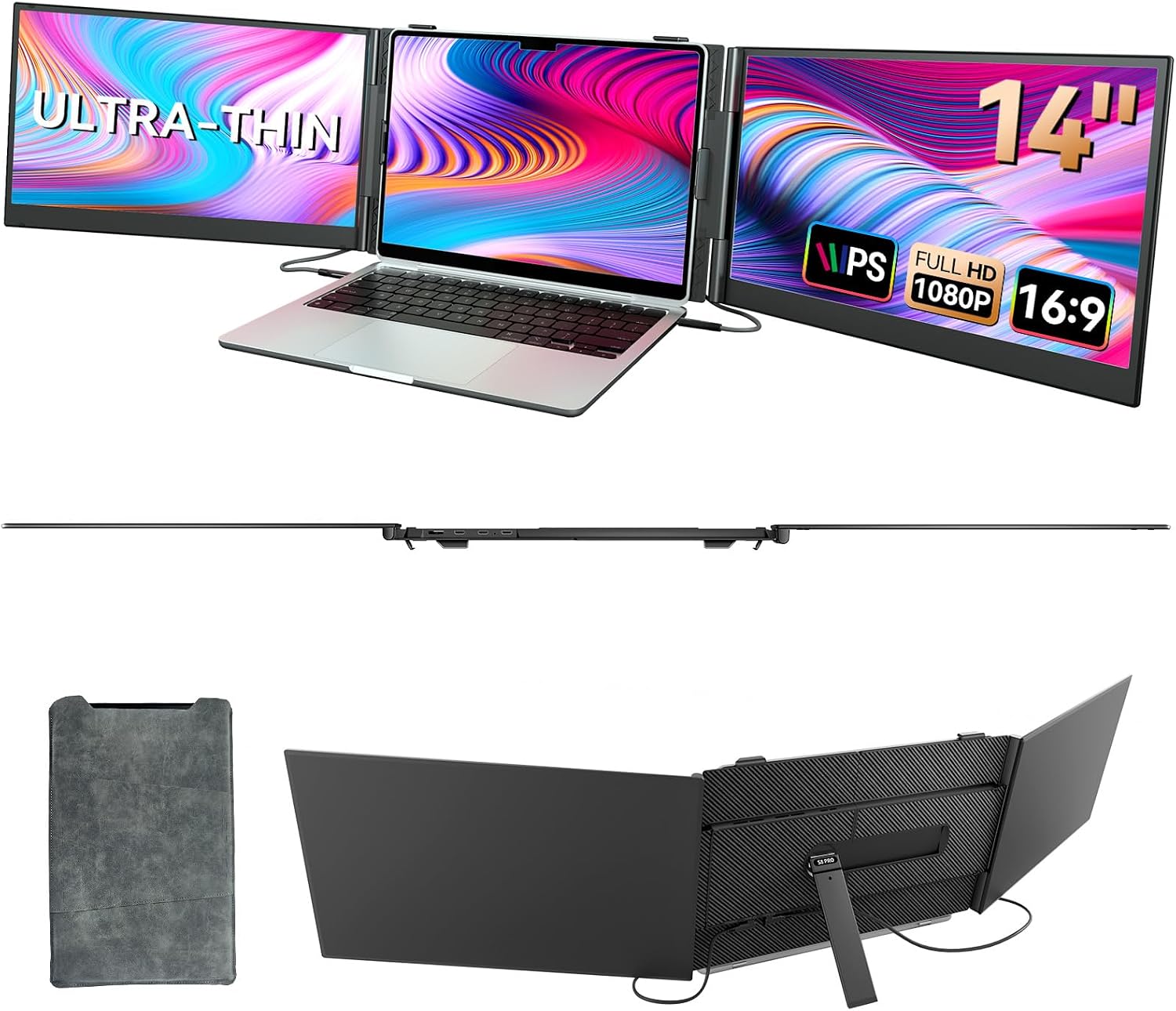 BOSII Laptop Screen Extender Monitor - 14 Inch Portable Triple Thin Monitors IPS FHD 1080P HDMI/USB-A/Type-C for 13'-17' Laptops Compatible with Windows Mac Travel Work