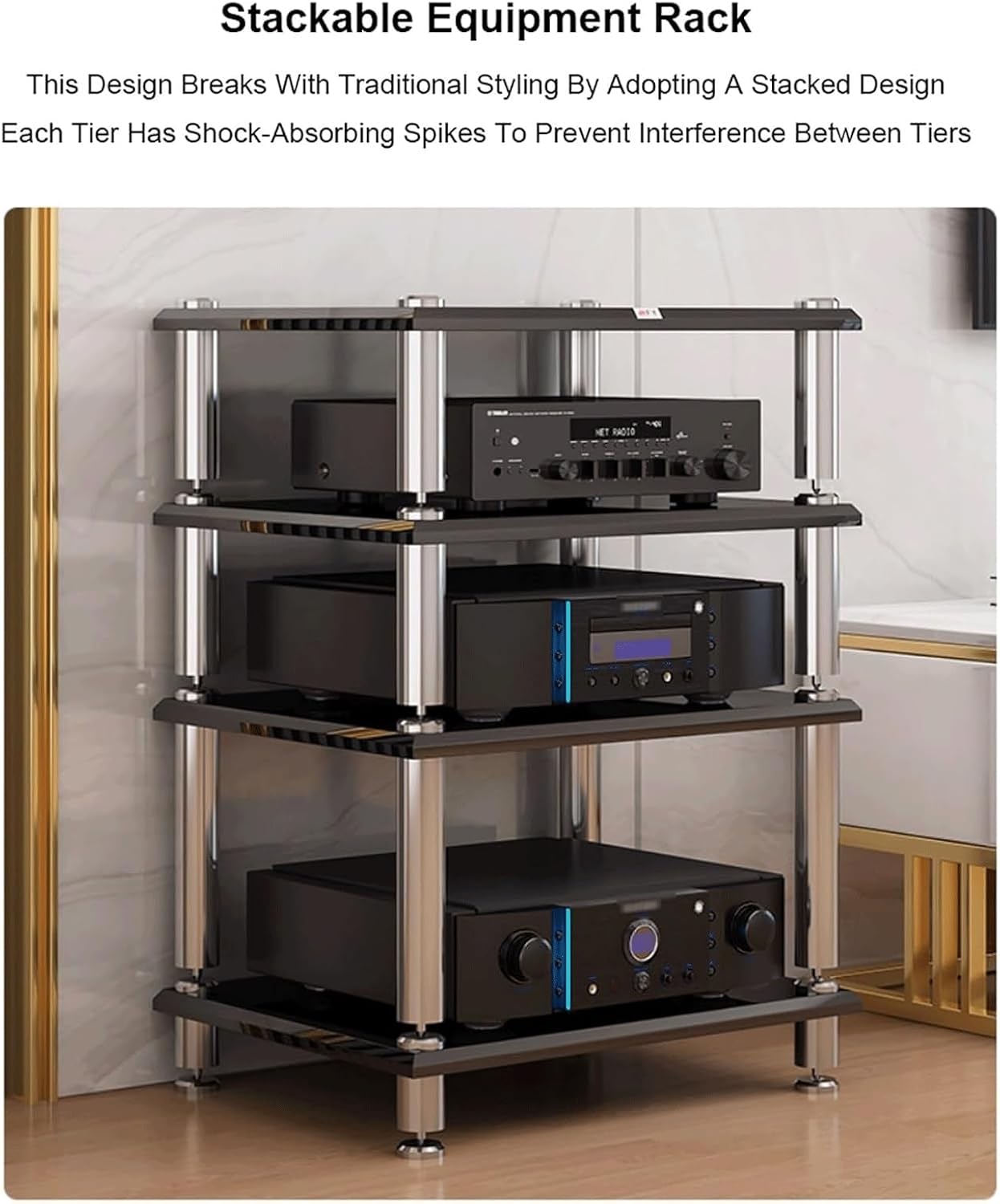 Audio Rack 1/2/3/4 Tier Stereo Rack Audio Equipment Rack Audio Open Rack Cabinet Wooden HiFi Rack AV Stand Audio-Video Shelving(Nero,2 Tier)