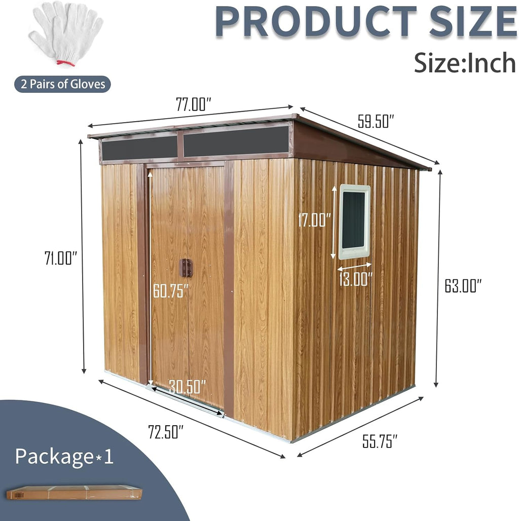 6x5 FT Outdoor Storage Shed, Metal Garden Shed with Frame Floor, Outside Tool Shed with Window, Waterproof Storage Building with Lockable Sliding Doors & Sloped Roof for Backyard, Patio, Lawn, Coffee