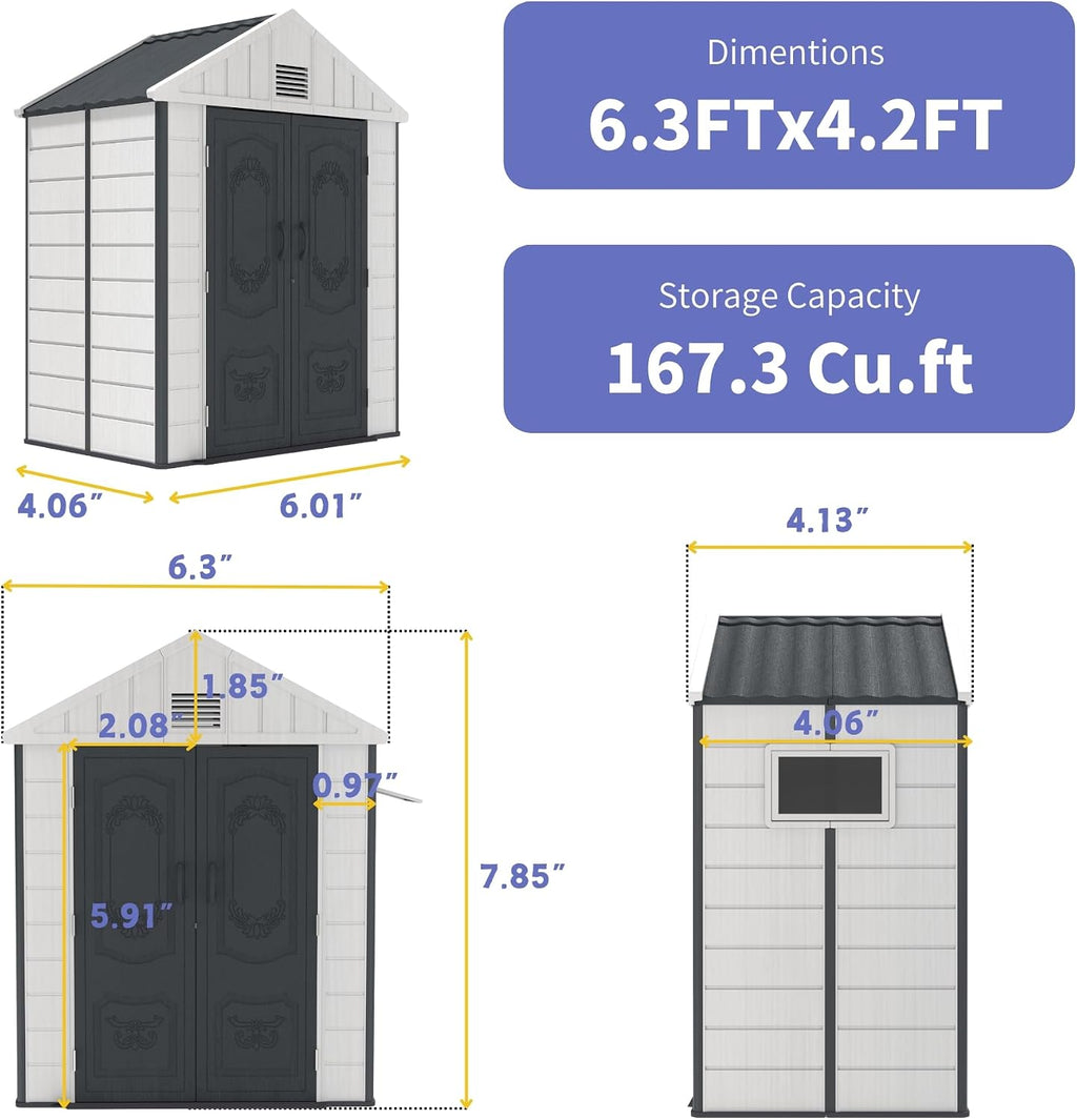 Kingdura 6x4 FT Resin Outdoor Storage Shed with Reinforced Floor, All-Weather Resistant Plastic Garden Outside Bike Tool Shed with Lockable Doors, Window for Backyard Patio Poolside