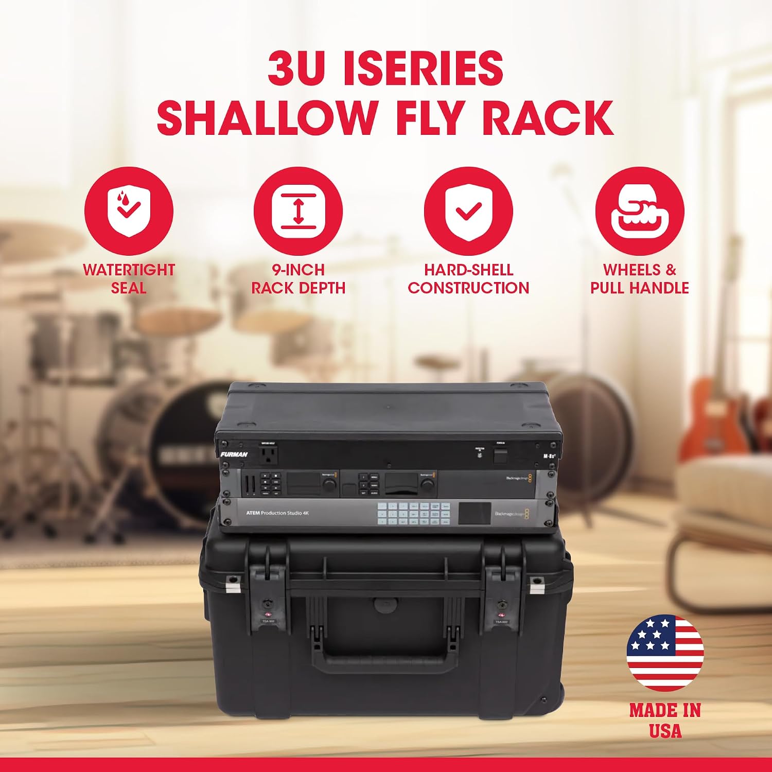 SKB iSeries 3U Shallow Fly Rack, Waterproof Polypropylene Hard Case with Durable Latches for Travel and Storage, Ideal for Musicians, 9 Inch, Black