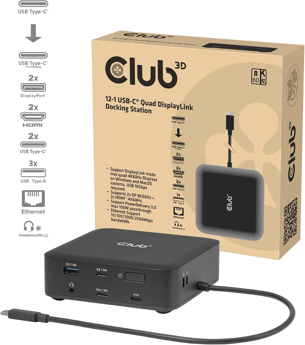 USB C Displaylink Docking Station Quad Monitor - 12-in-1 Laptop Dock 4K 60Hz HDMI DisplayPort 8K 60Hz, 100W PD Charging, 2.5G Ethernet, USB Hub for MacBook Pro Windows - CSV-2542